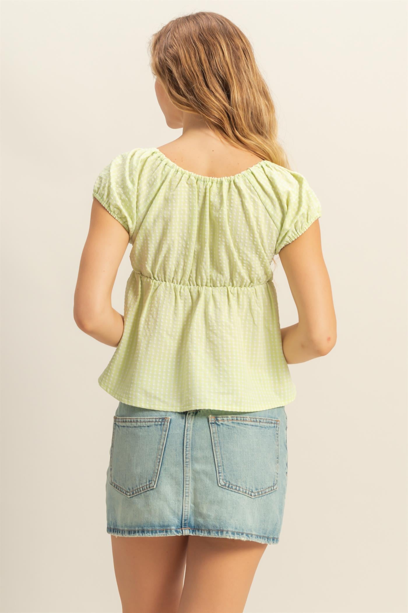 Wholesale Gingham Scoop Neck Cap Sleeve Blouse Blouses DZ25C042 LIME GREEN DOUBLE ZERO