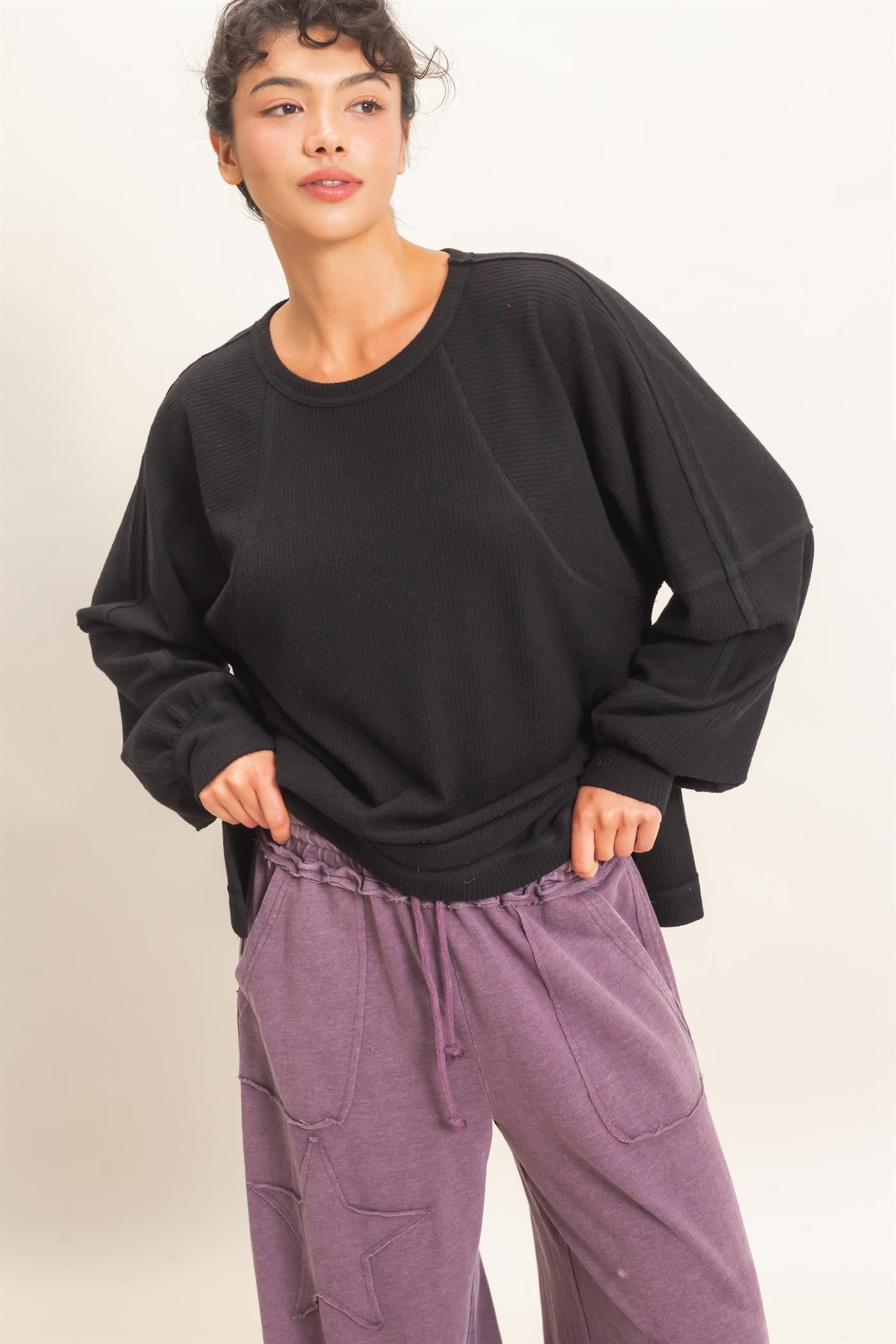 Wholesale Brushed Waffle Long Sleeve Top Clothing Tops DZ26F312 BLACK DOUBLE ZERO