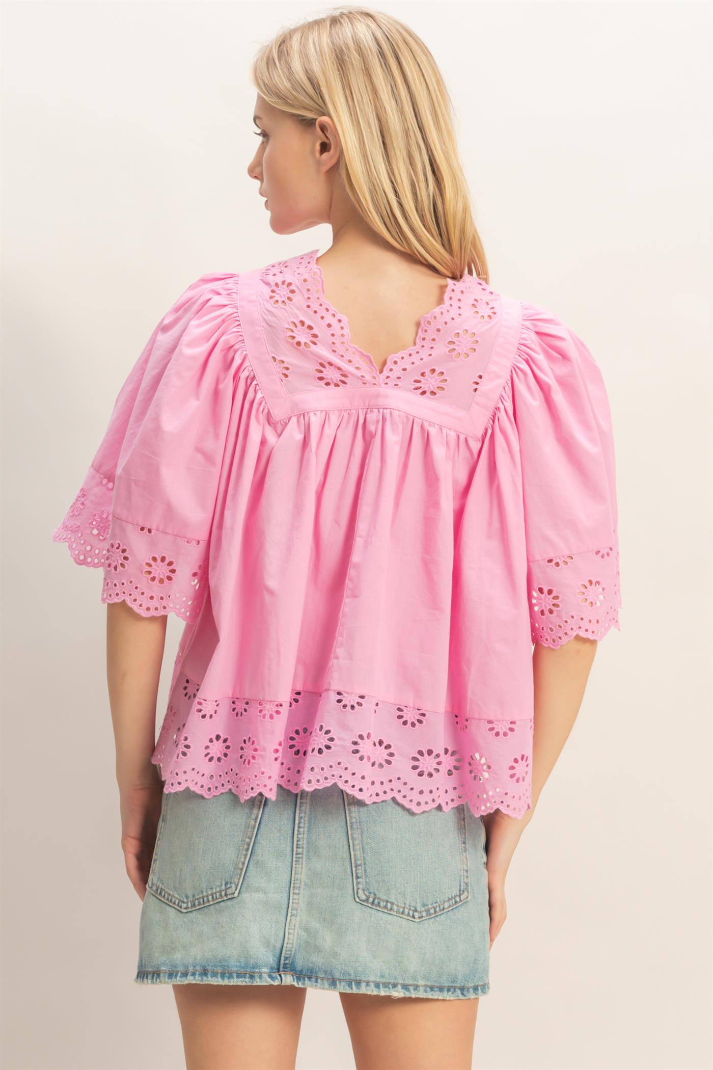 Wholesale Scalloped Eyelet Babydoll Top Clothing Tops HF26C293 PINK HYFVE