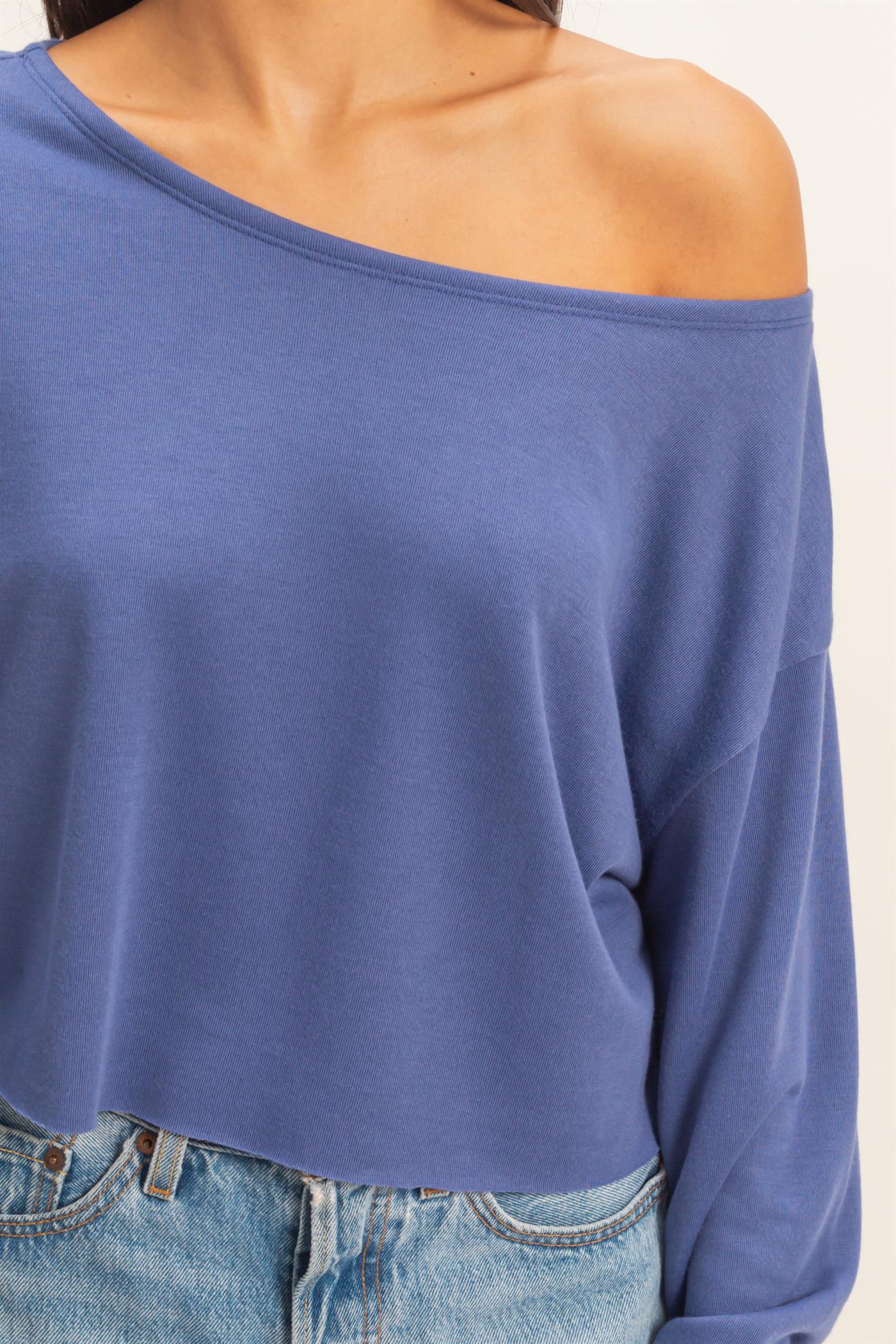 Wholesale Casually Cute Boat Neck Long Sleeve Top Clothing Tops DZ25C023 DUSTY INDIGO DOUBLE ZERO
