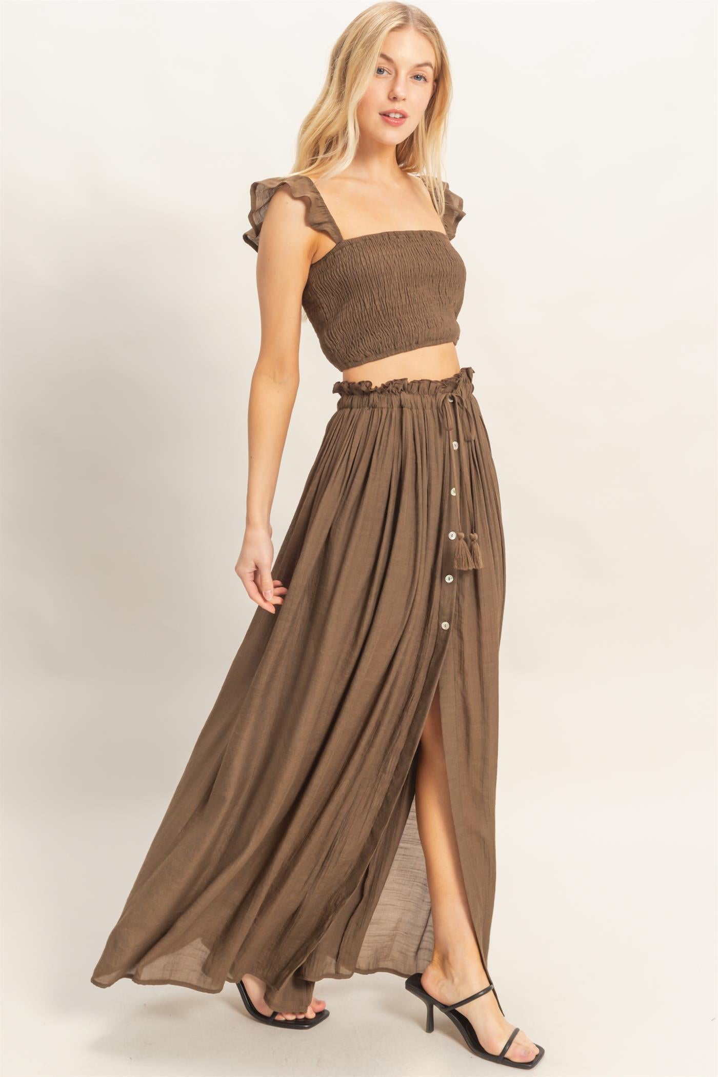 Wholesale Smocked Top & Maxi Skirt Set Clothing HF26C292-SET-D CHOCOLATE HYFVE