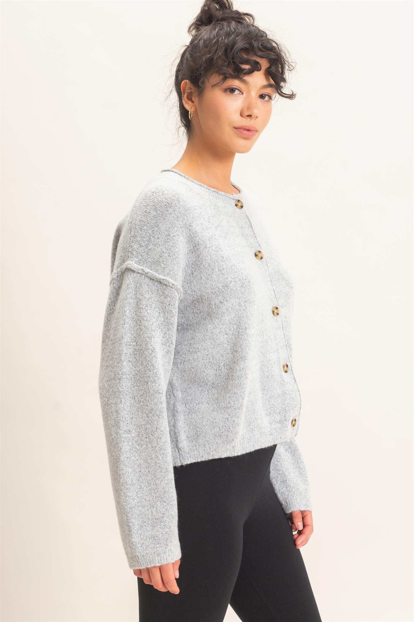 Wholesale Crew Neck Loose Fit Cardigan Cardigans DZ26E269 HEATHER GRAY DOUBLE ZERO
