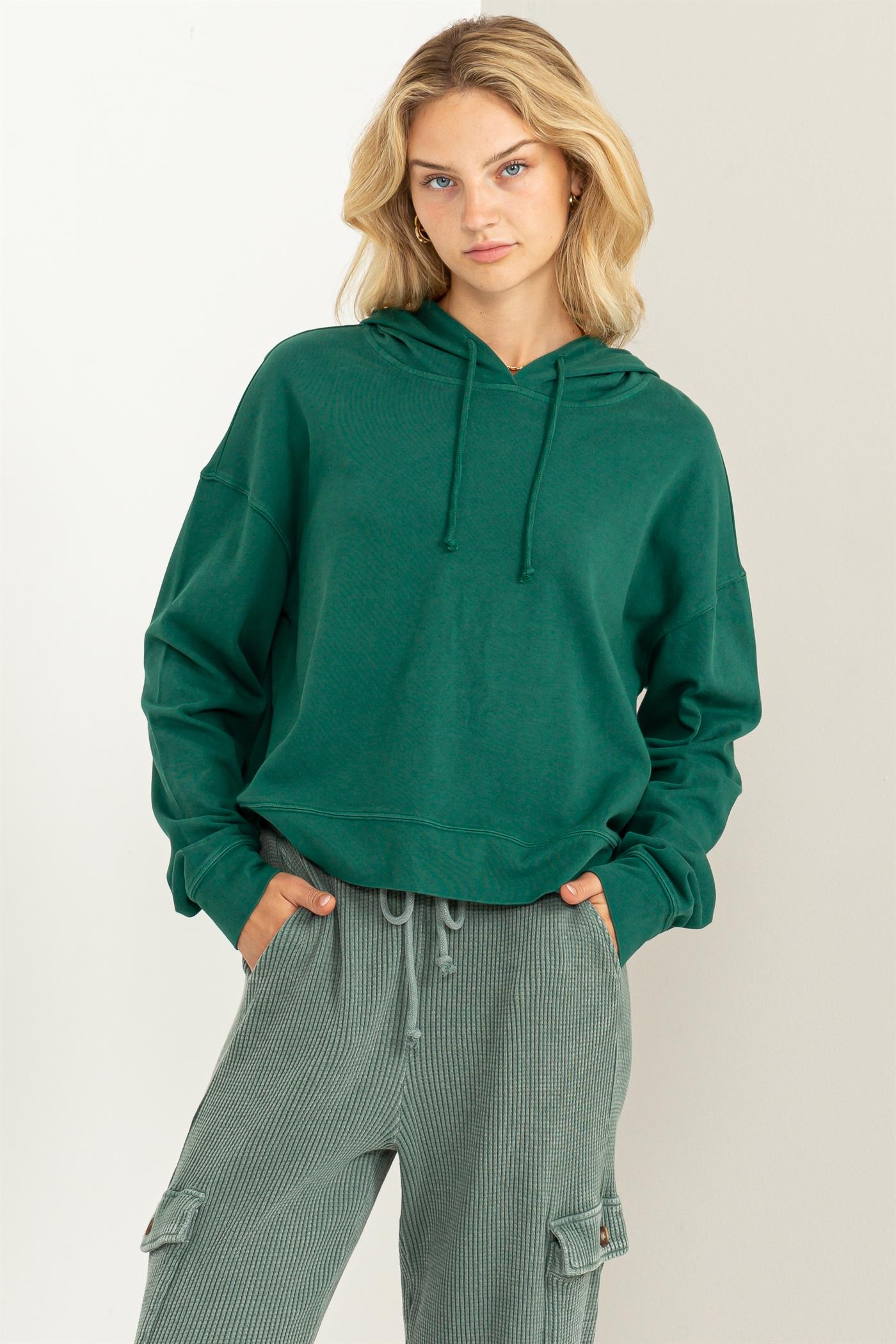 Wholesale Long Sleeve Drawstring Hoodie Clothing Tops DZ23E999 PINE GREEN DOUBLE ZERO