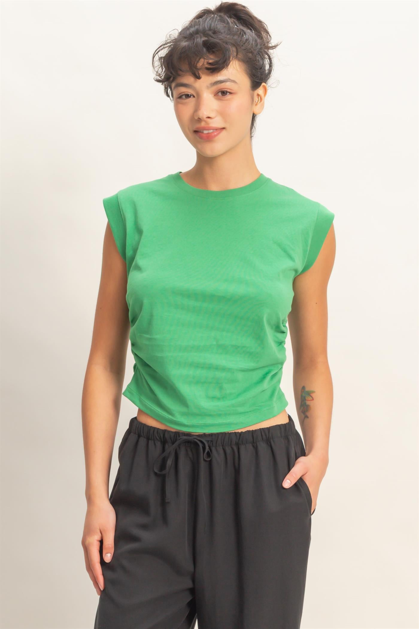 Wholesale Ruched Waist Sleeveless Cotton Top Clothing Tops DZ26C520 GREEN DOUBLE ZERO