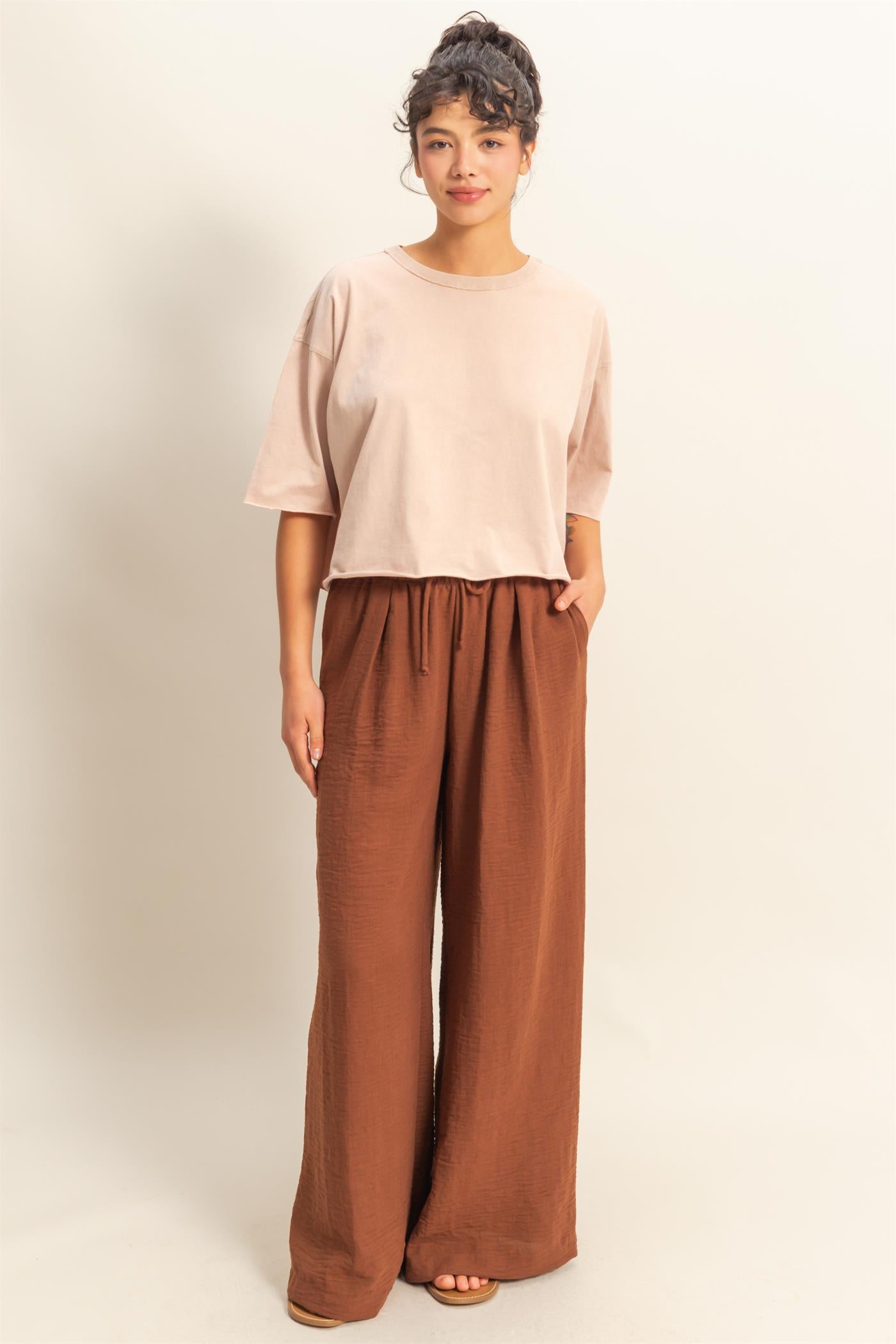 Wholesale Drop Shoulder Crew Neck Wide Fit Tee Clothing Tops DZ25A757 TAUPE DOUBLE ZERO