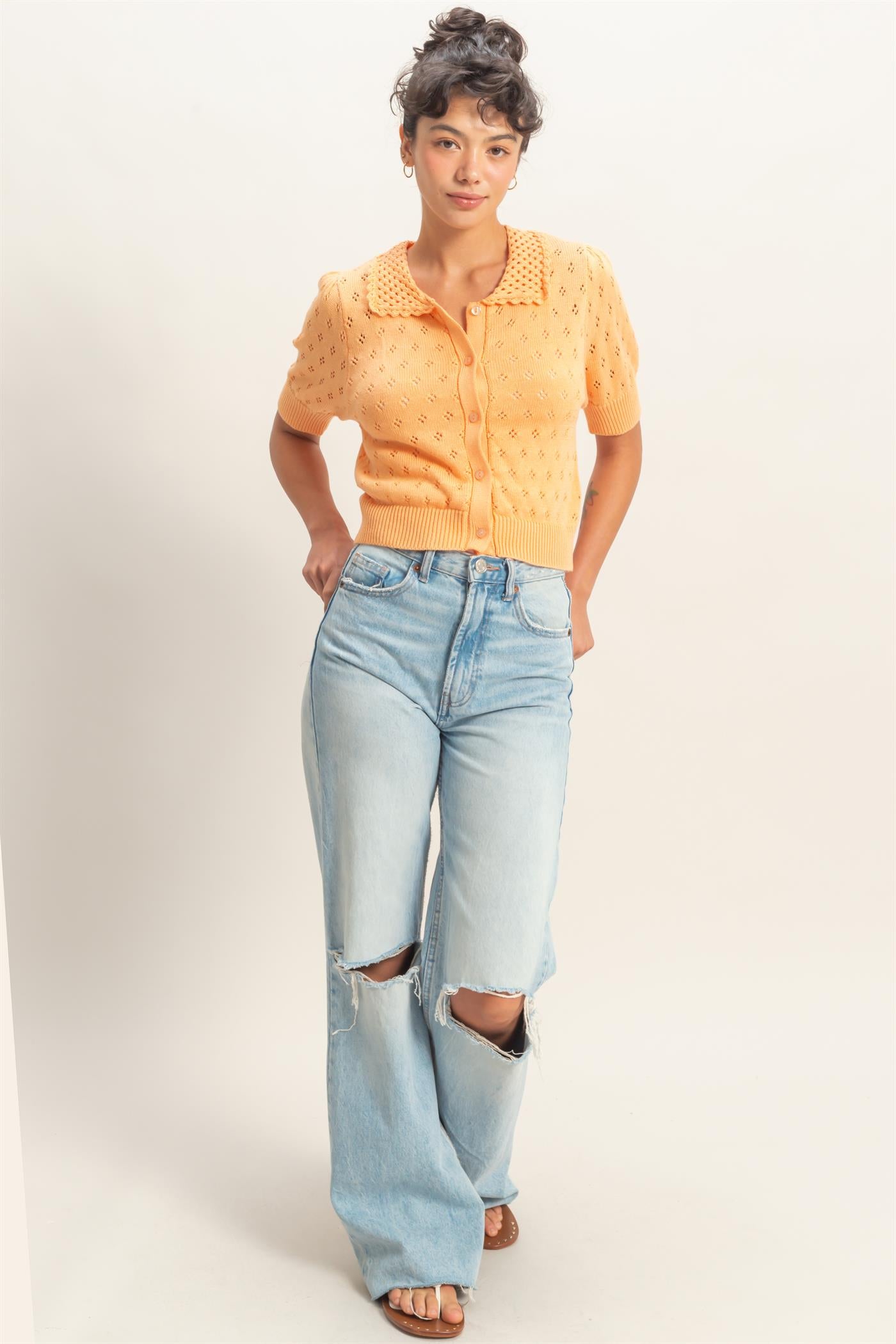 Wholesale Pointelle Collar Button-Up Puff Sleeve Knit Top Clothing Tops DZ26A748 APRICOT HYFVE