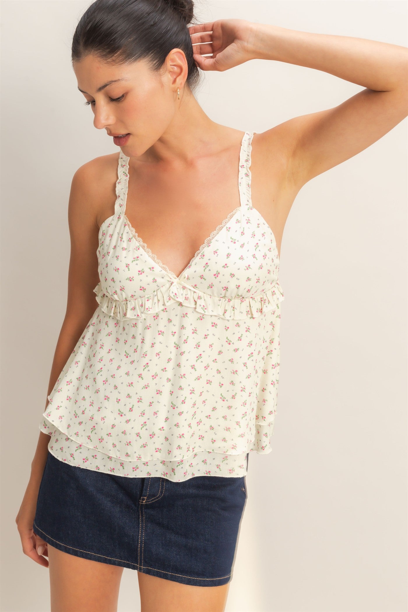 Wholesale Floral Tiered Top Tank Tops HF26C152 CREAM HYFVE