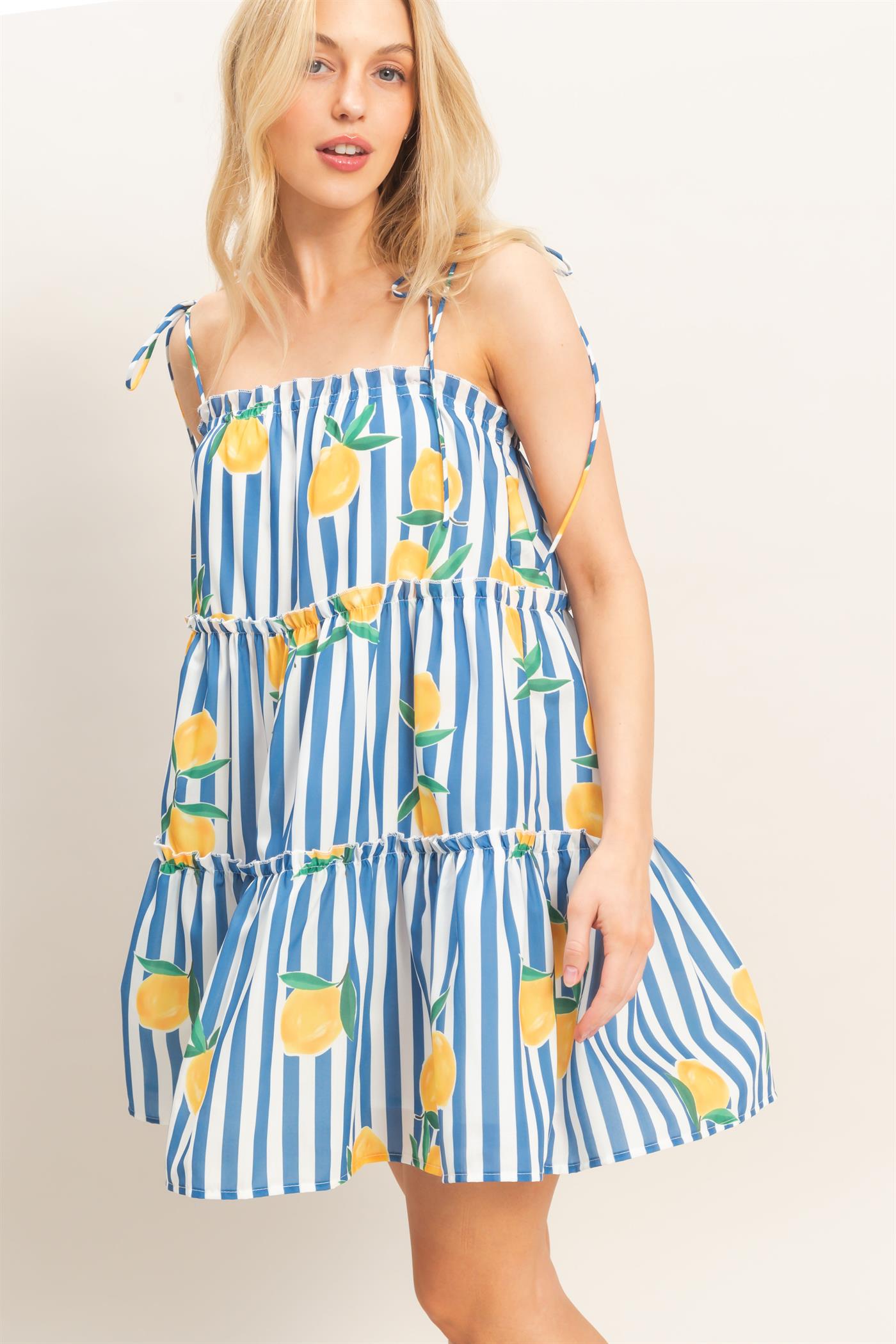 Wholesale Striped Tiered Mini Dress Dresses HF26C319 BLUE HYFVE