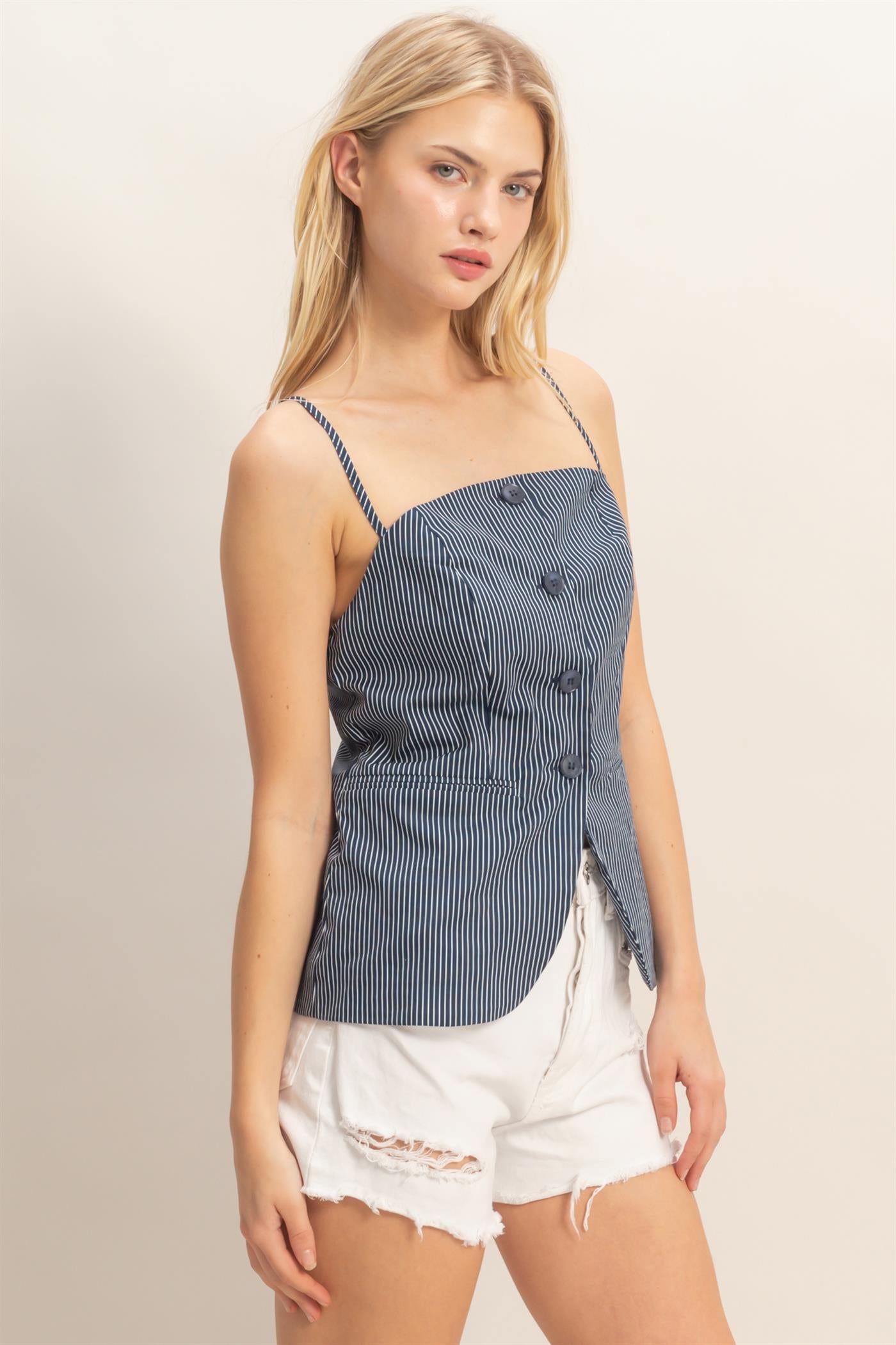 Wholesale Pinstripe Button Front Camisole Tank Tops HF25E715 NAVY HYFVE