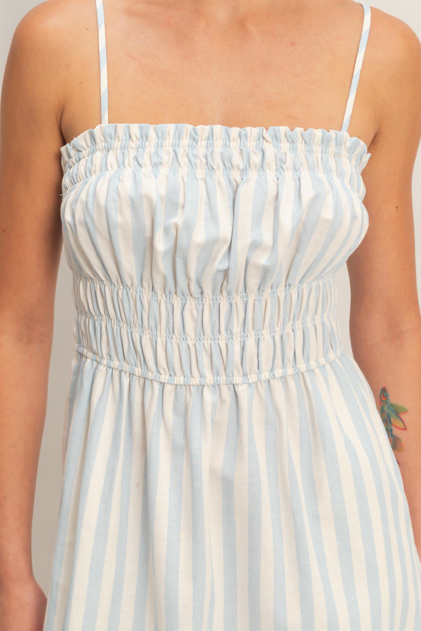 Wholesale Striped Spaghetti Strap Smocking Midi Dress Dresses DZ26C191 BLUE DOUBLE ZERO