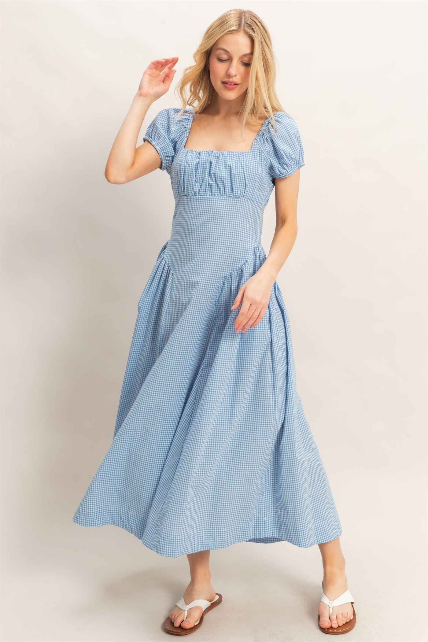 Wholesale Gingham Puff Sleeve Dress Dresses HF26A321 BLUE HYFVE