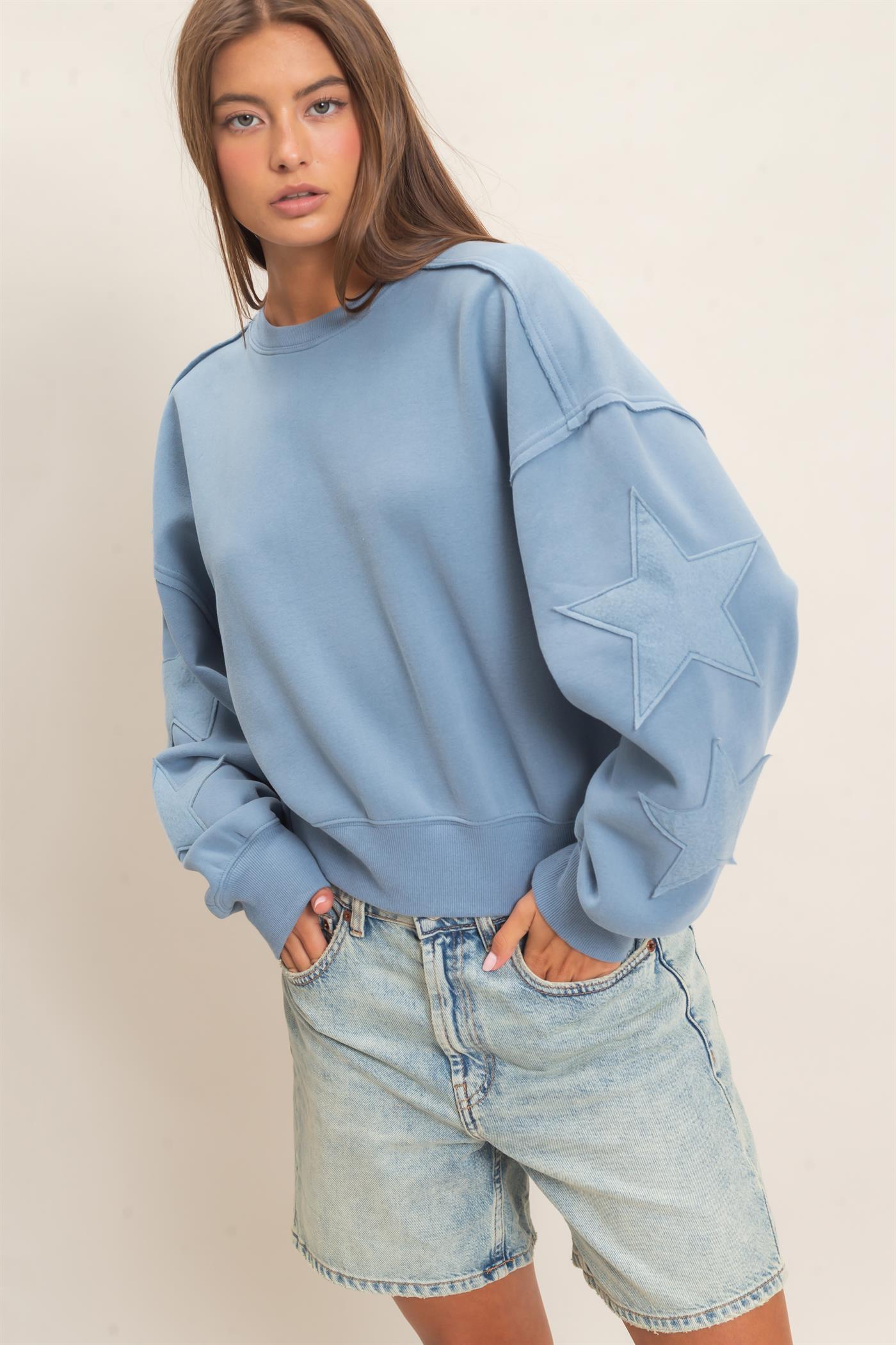 Wholesale Star Patch Sleeve Sweatshirt Sweatshirts DZ26E888 DUSTY BLUE DOUBLE ZERO