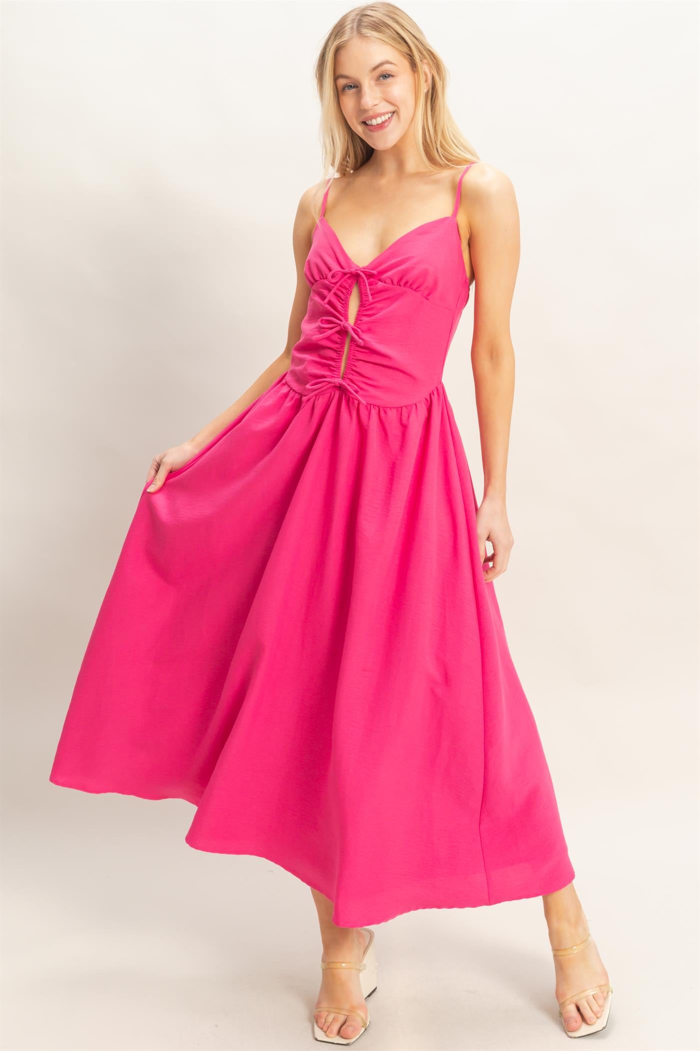 Wholesale Spaghetti Strap Ruched Dress Dresses HF26A011 FUCHSIA HYFVE