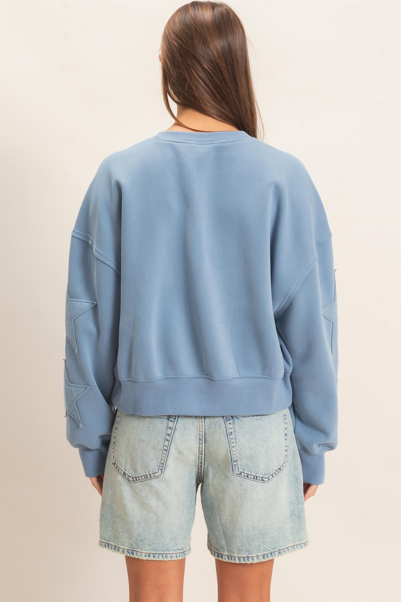 Wholesale Star Patch Sleeve Sweatshirt Sweatshirts DZ26E888 DUSTY BLUE DOUBLE ZERO