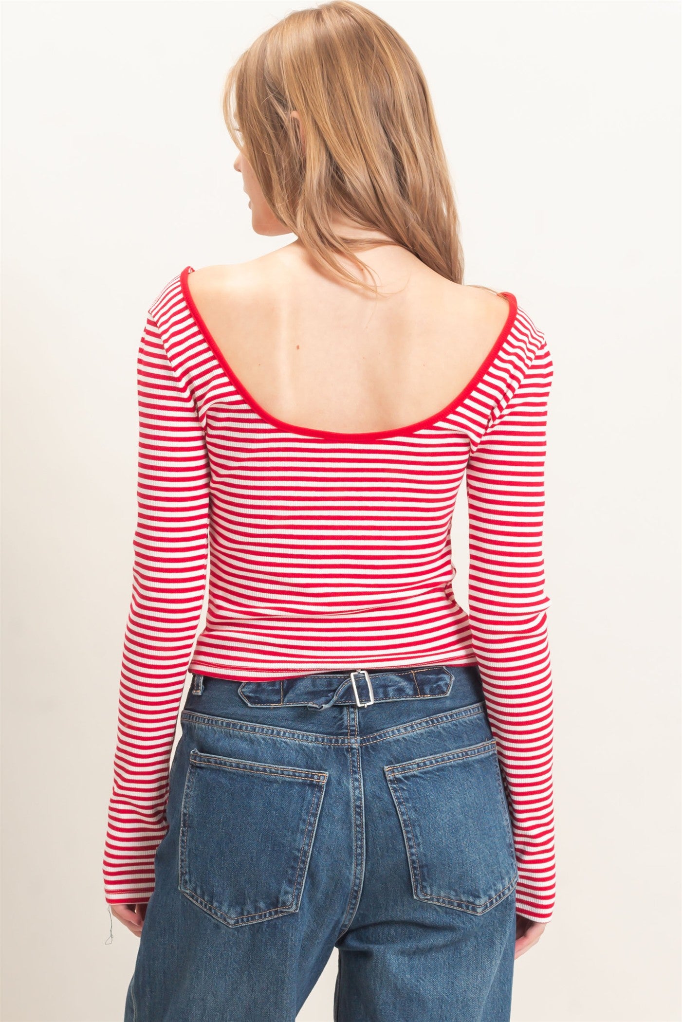 Wholesale Striped Boat Neck Long Sleeve Top Clothing Tops HF26F080 RED/WHITE HYFVE