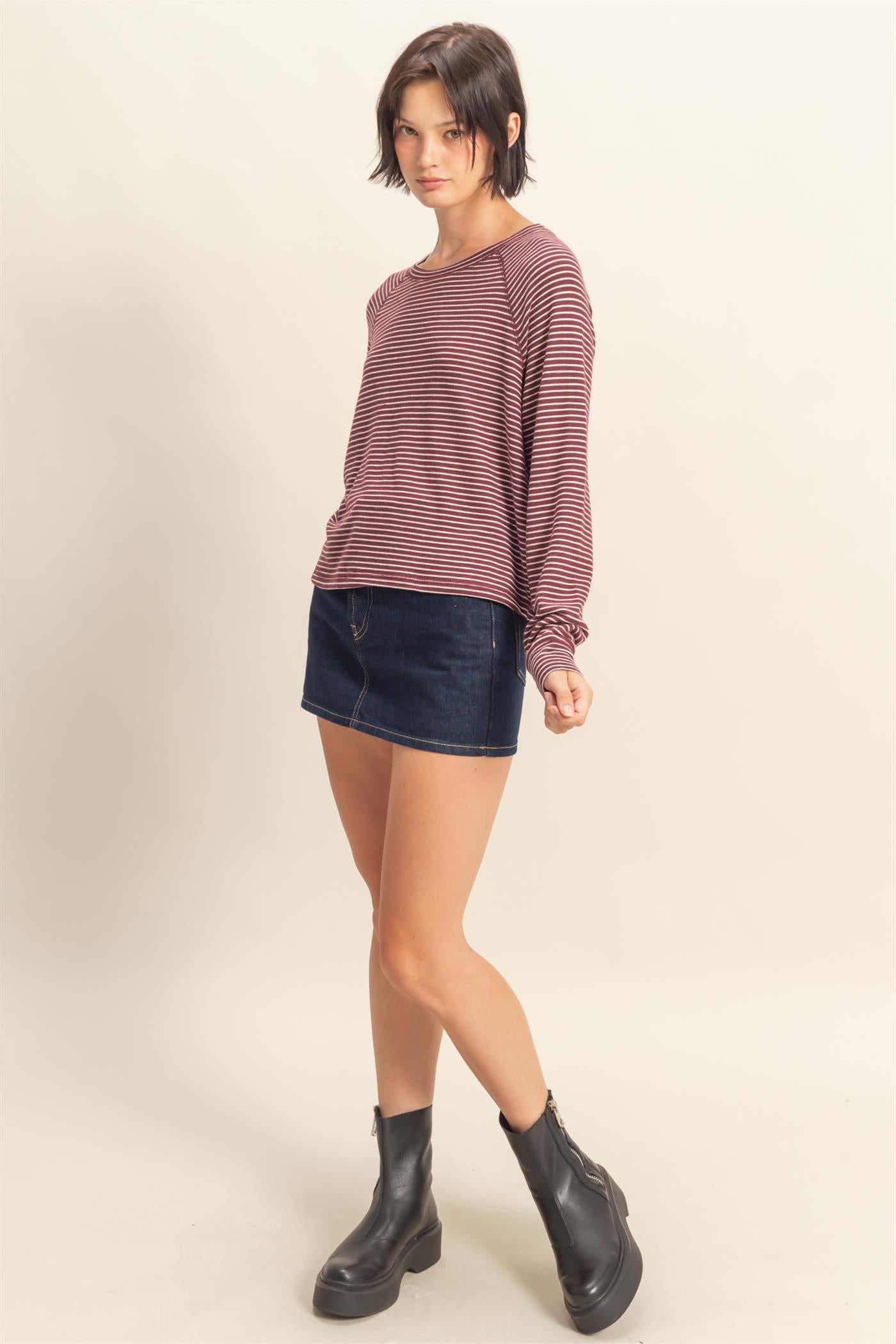 Wholesale Striped Raglan Long Sleeve Top Clothing Tops DZ25E600 DARK CHERRY/CREAM DOUBLE ZERO