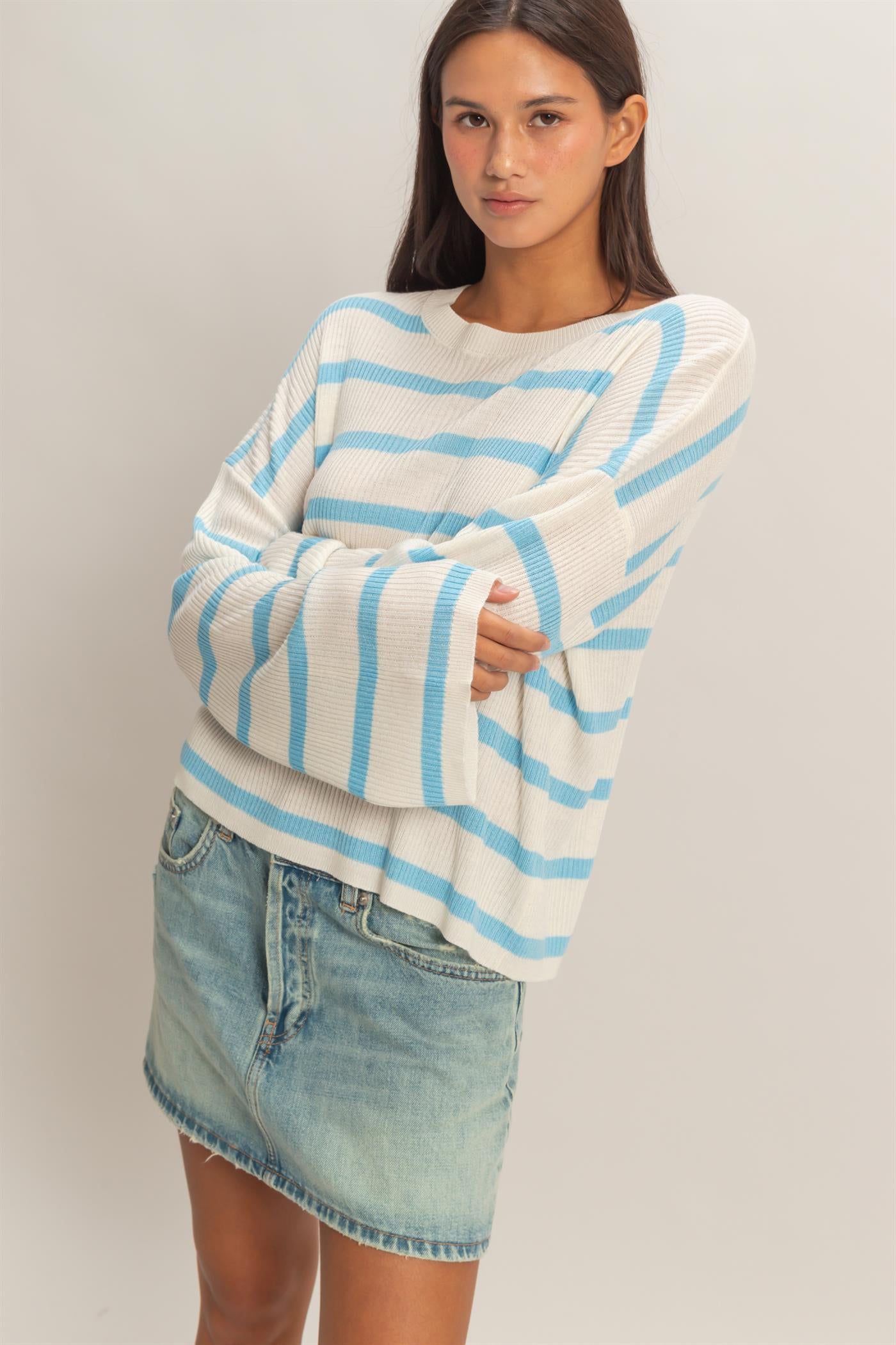 Wholesale Lightweight Wide-Sleeve Striped Sweater Clothing Tops DZ26A329 BLUE DOUBLE ZERO
