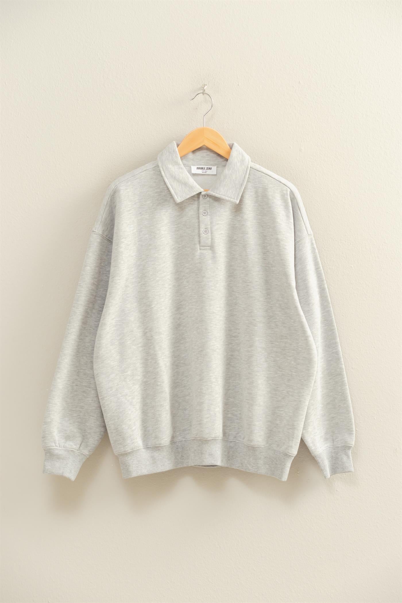 Wholesale Oversized Polo Collared Pullover Sweatshirts DZ25F074 HEATHER GRAY DOUBLE ZERO