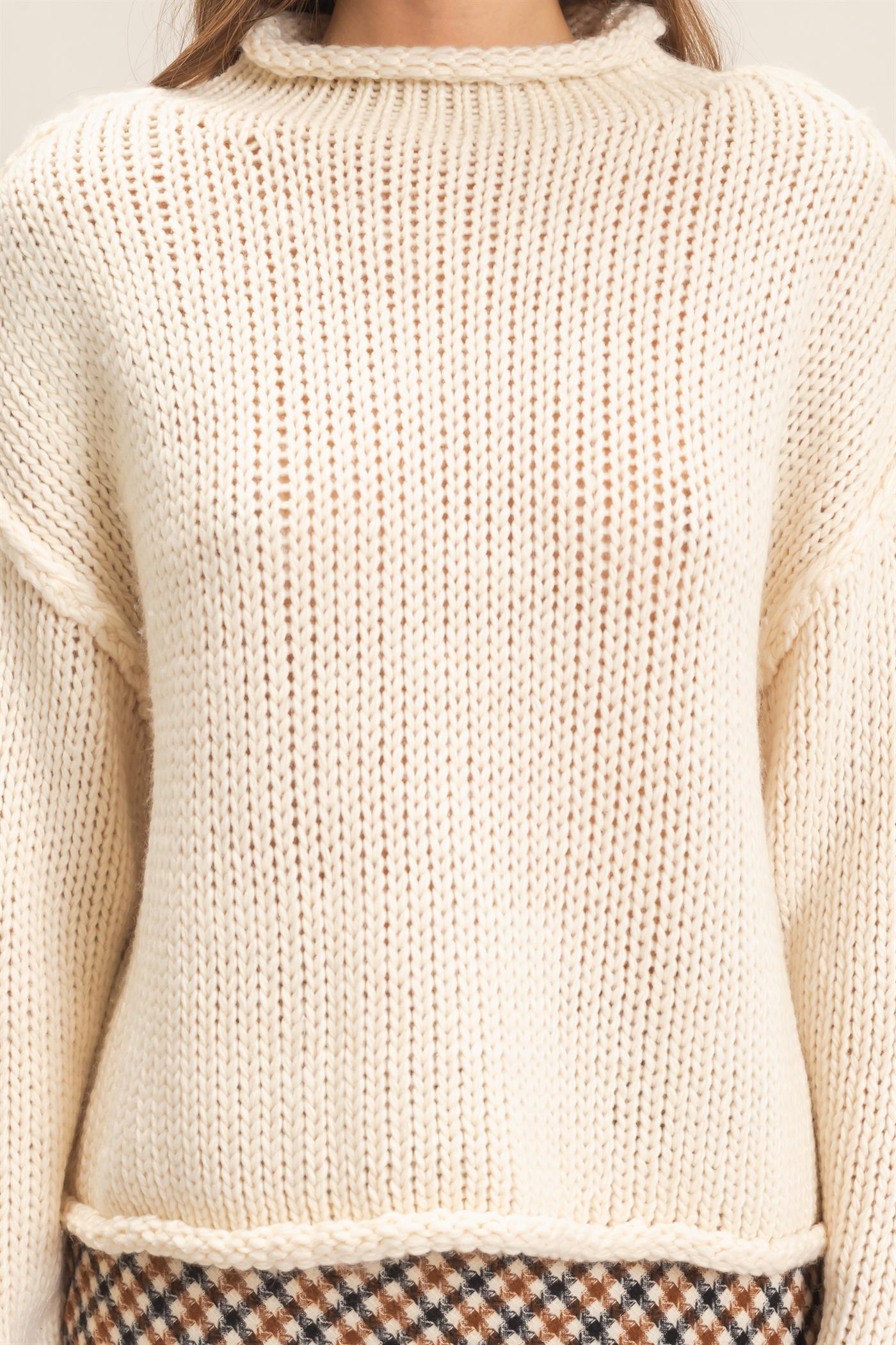 Wholesale Rolled Collar Loose Knit Sweater Sweaters HF26C859 OATMEAL HYFVE