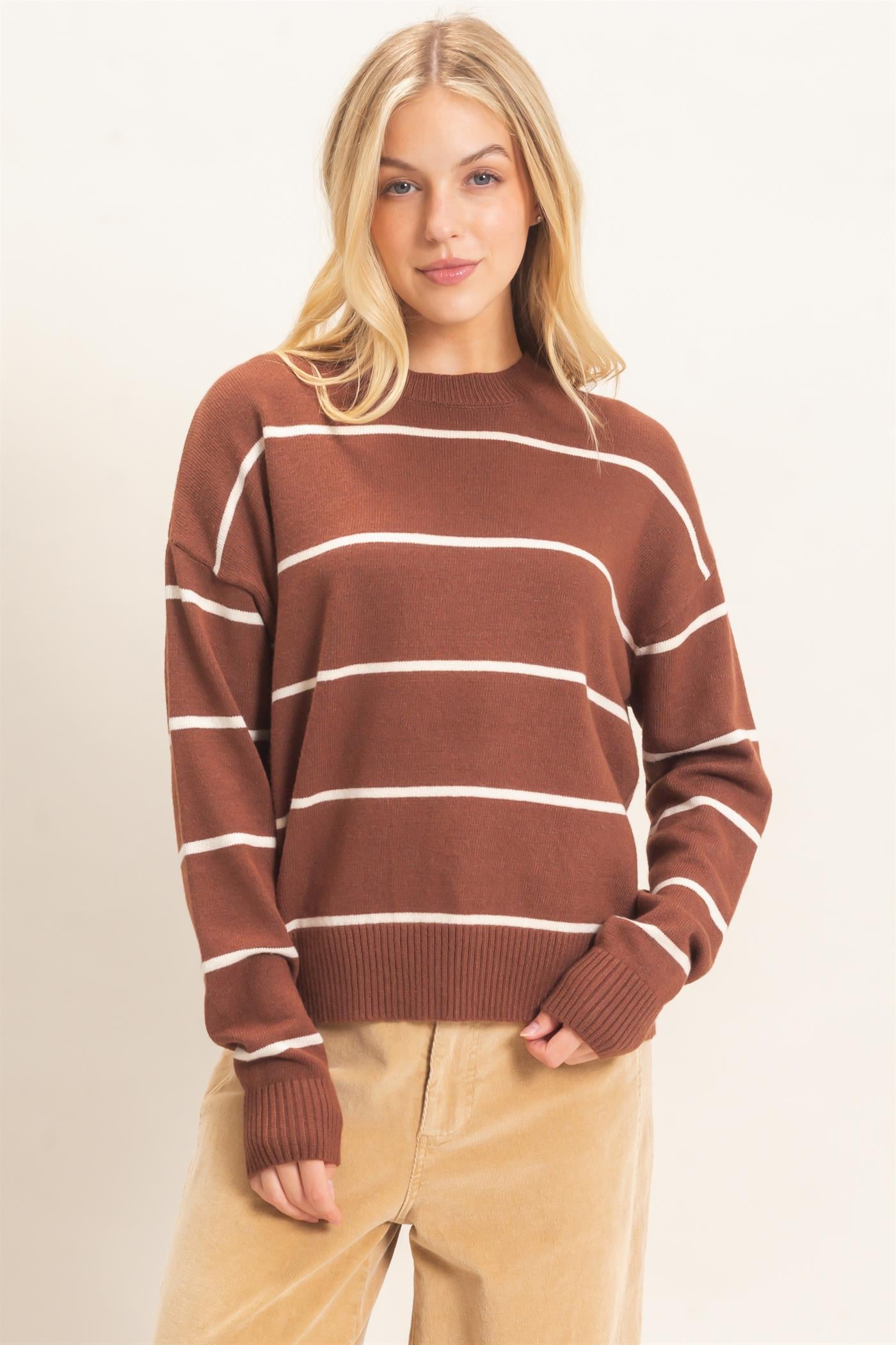 Wholesale Striped Ribbed Crew Neck Sweater Sweaters HF26F169 BROWN HYFVE