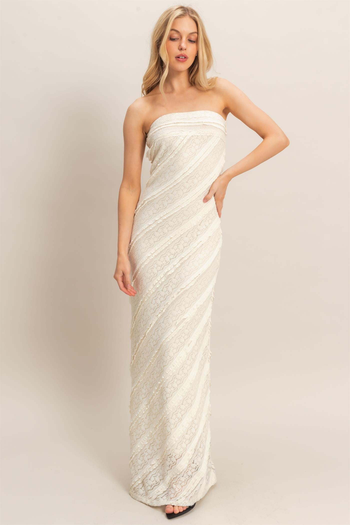 Wholesale Strapless Ruched Maxi Dress Dresses HF26A105 CREAM HYFVE