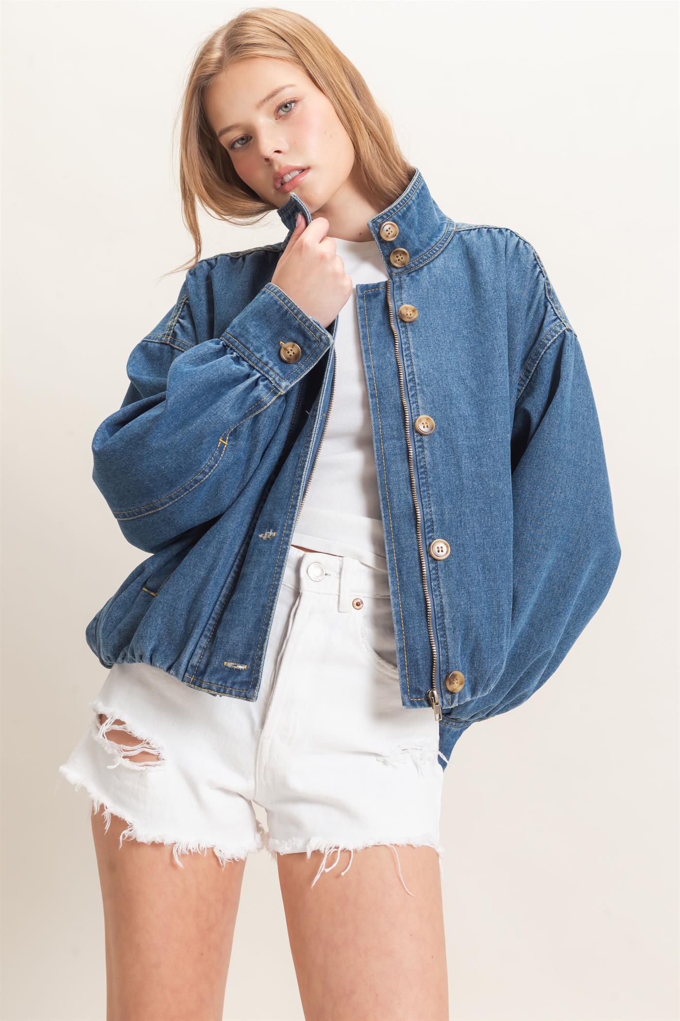 Wholesale High Collar Denim Bomber Jacket Coats & Jackets HF26E090-D LIGHT DENIM HYFVE