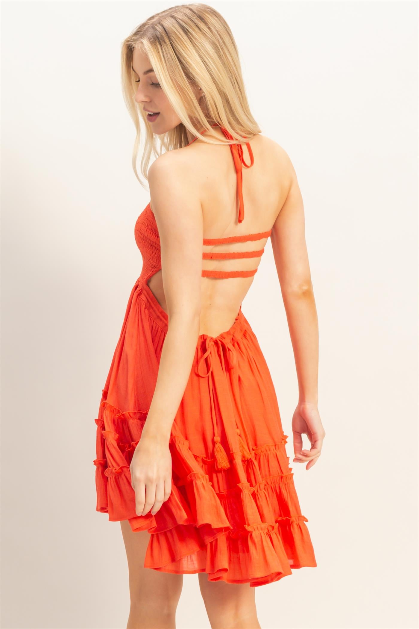 Wholesale Smocked Tiered Midi Dress Dresses HF26C299-D ORANGE RED HYFVE