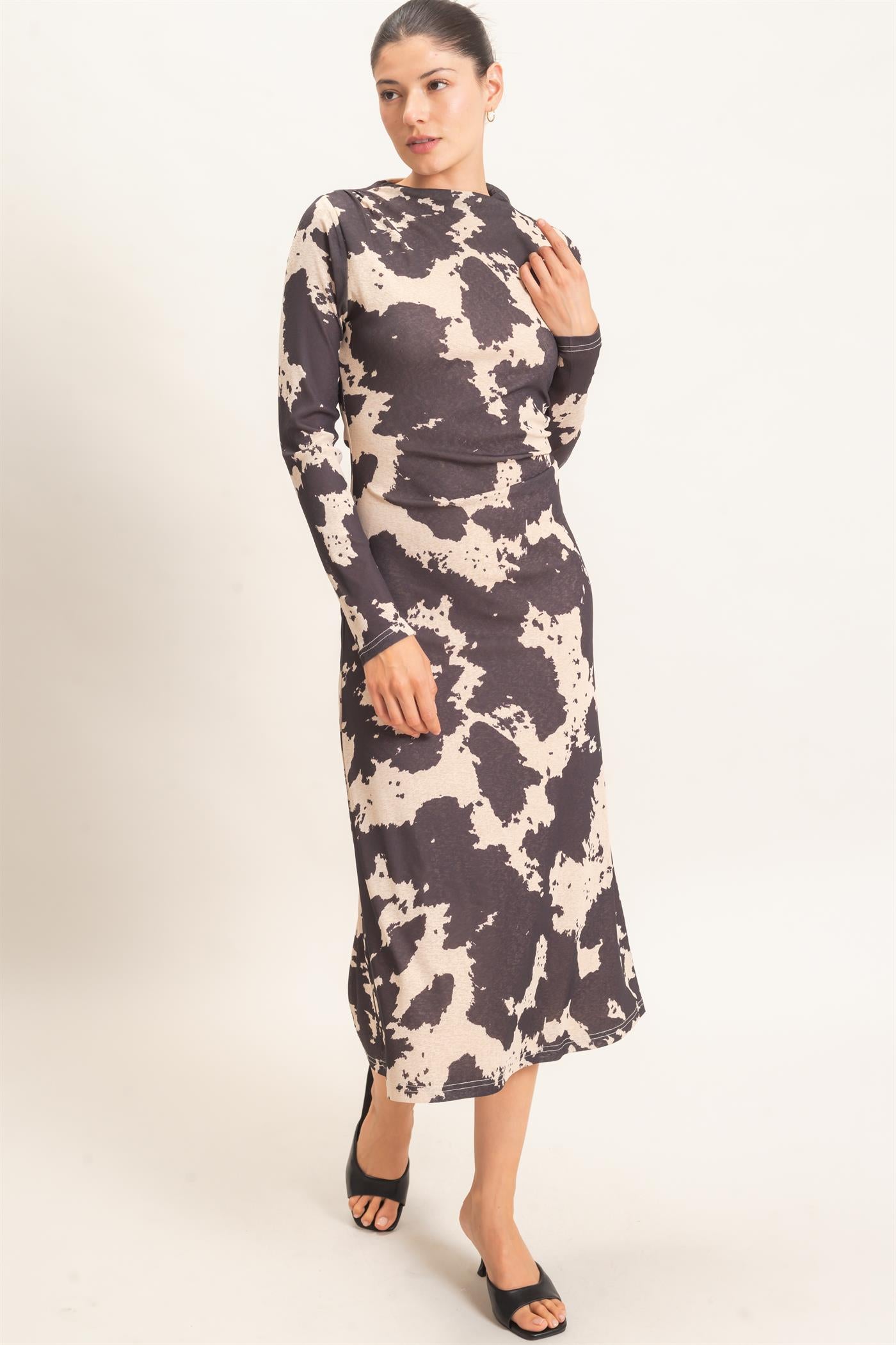Wholesale Cow Print Knit Midi Dress Dresses HF26E780 BLACK HYFVE