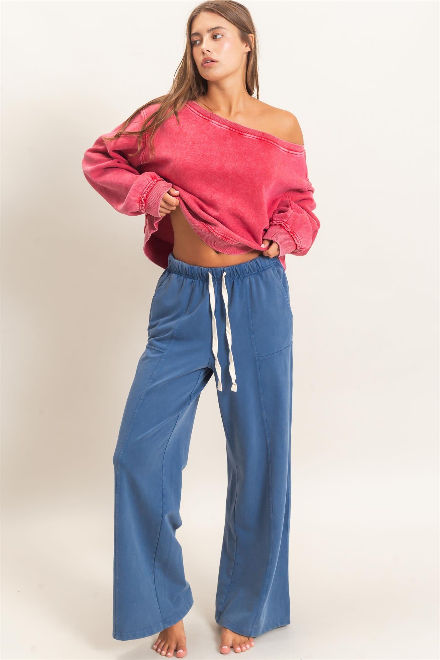 Wholesale Acid Wash Drawstring Waist Wide Leg Pants Pants DZ25A685 NAVY DOUBLE ZERO