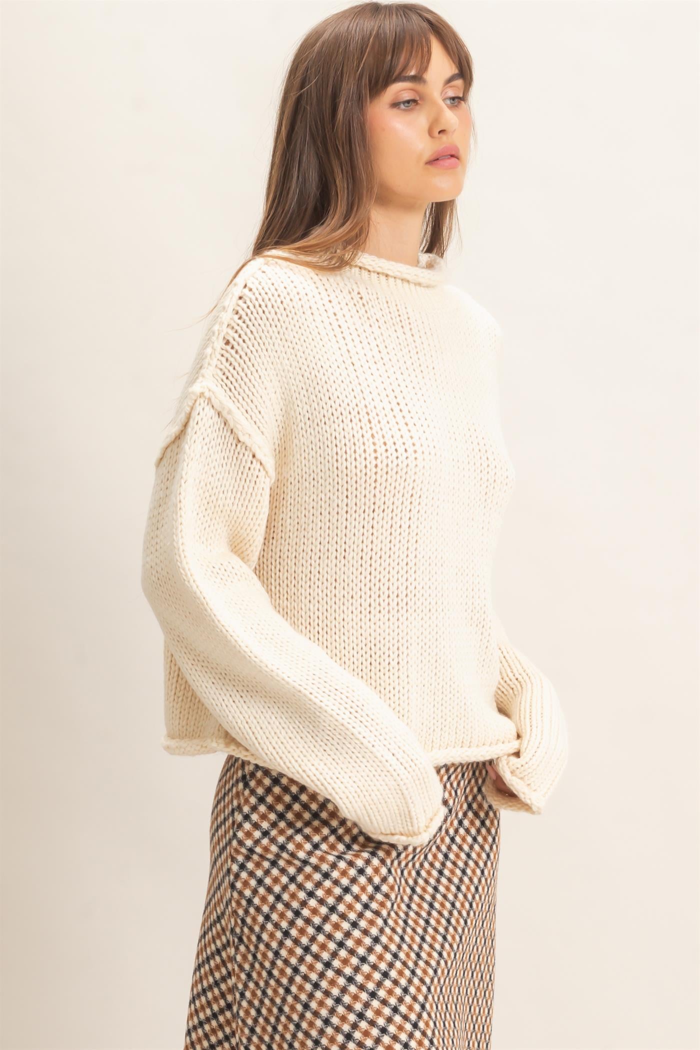Wholesale Rolled Collar Loose Knit Sweater Sweaters HF26C859 OATMEAL HYFVE