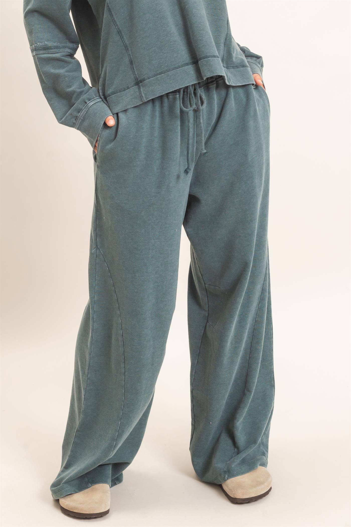Wholesale Mineral Washed Wide Leg Pants Pants DZ26F082 DARK GREEN DOUBLE ZERO