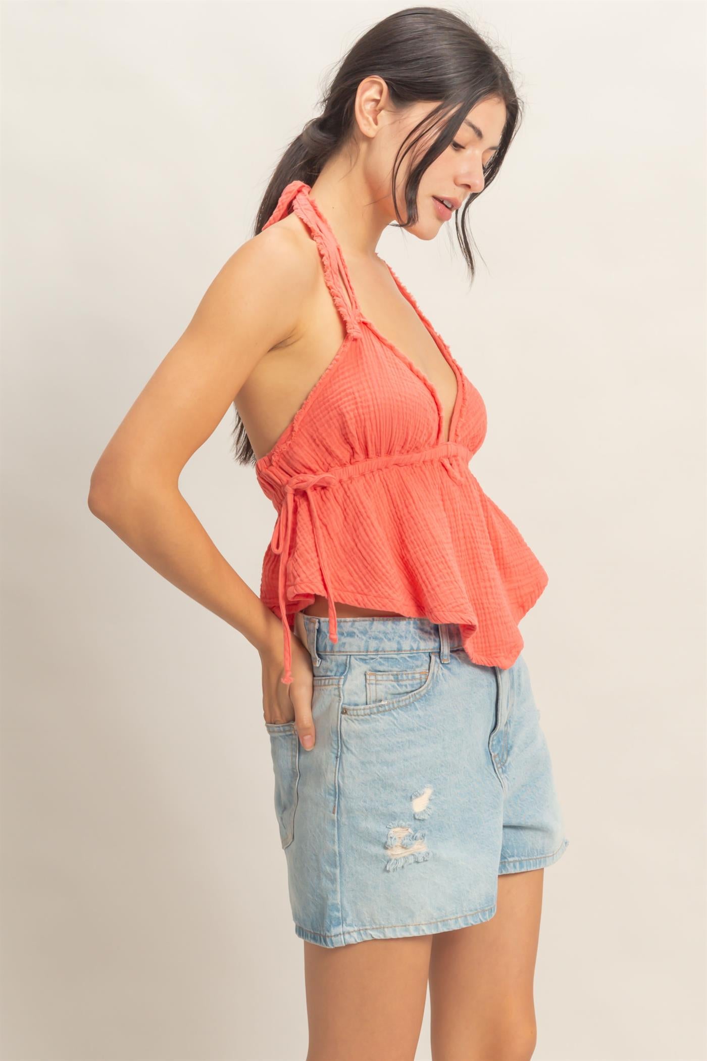 Wholesale Textured Halter Tie Waist Top Clothing Tops HF26C027 RED ORANGE HYFVE