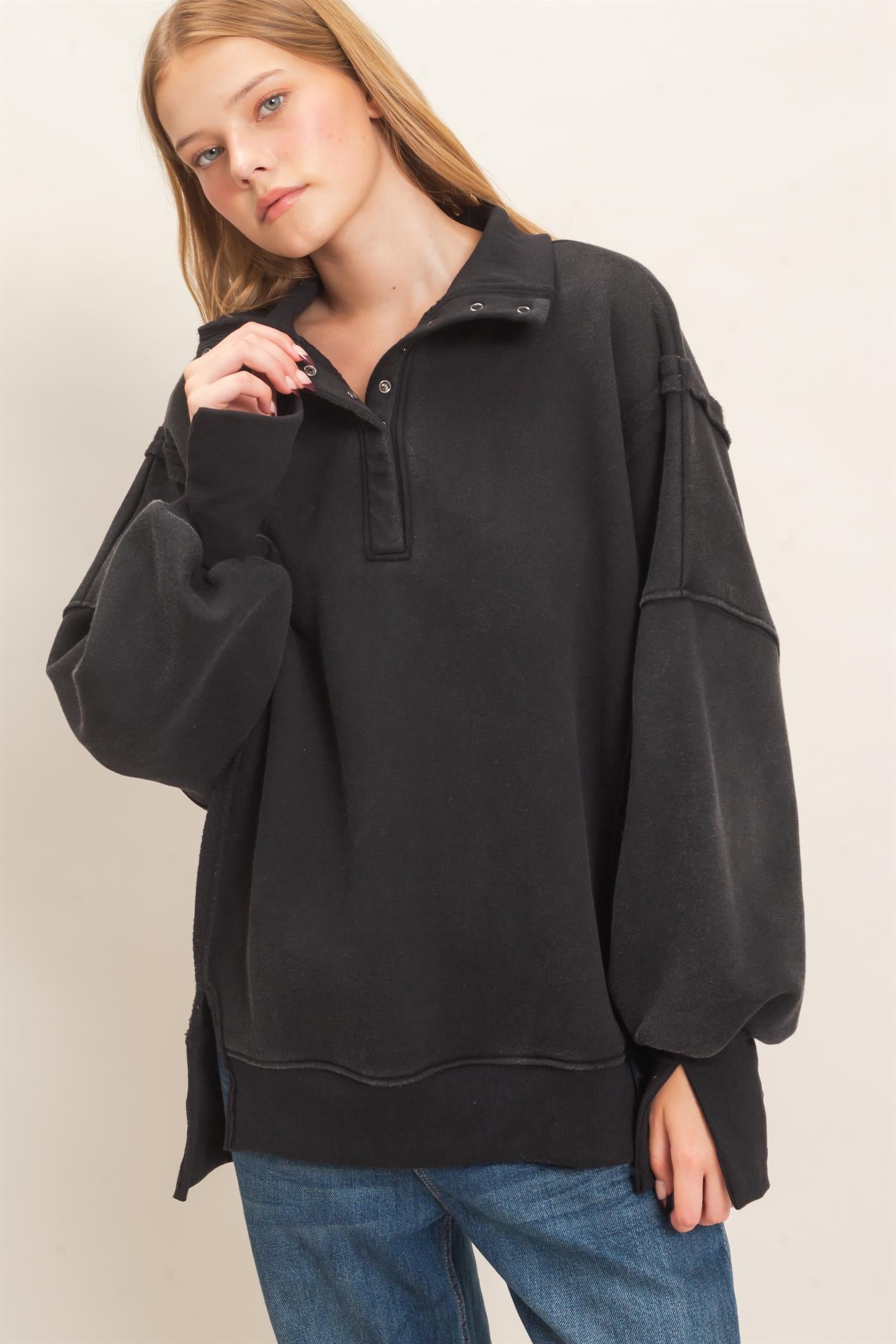 Wholesale Mineral Wash Snap Collar Pullover Clothing Tops HF26F086-D BLACK HYFVE