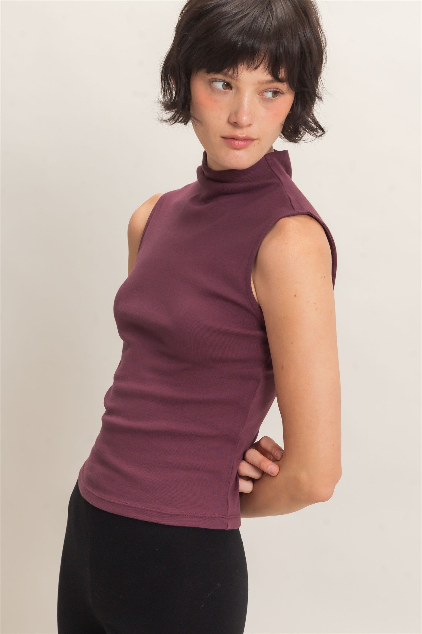 Wholesale Sleeveless Mock Neck Top Clothing Tops DZ26E397 DARK CHERRY DOUBLE ZERO