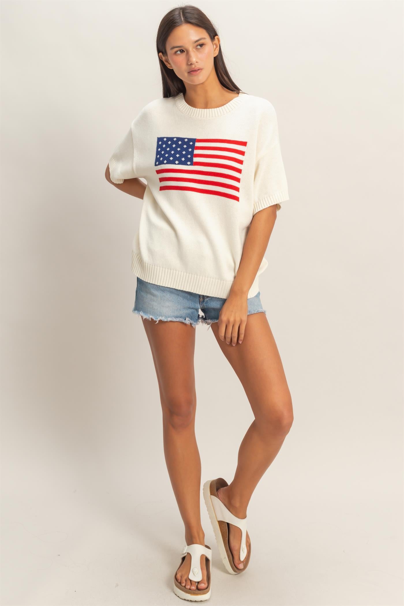 Wholesale American Flag Knit Top Shirts DZ26A309 CREAM DOUBLE ZERO