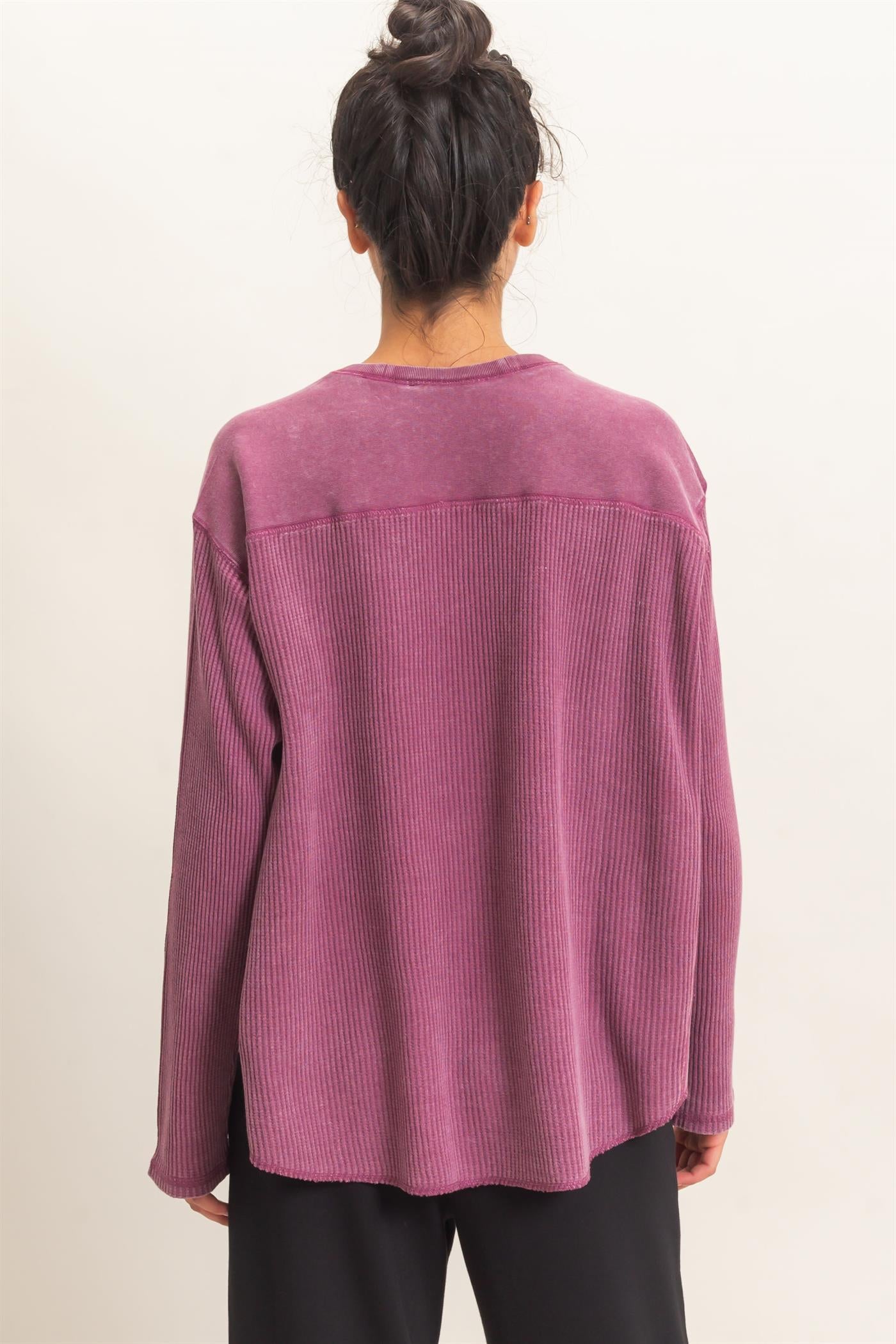 Wholesale Oversized Mineral Washed Waffle Knit Top Clothing Tops DZ26E654 DARK CHERRY DOUBLE ZERO