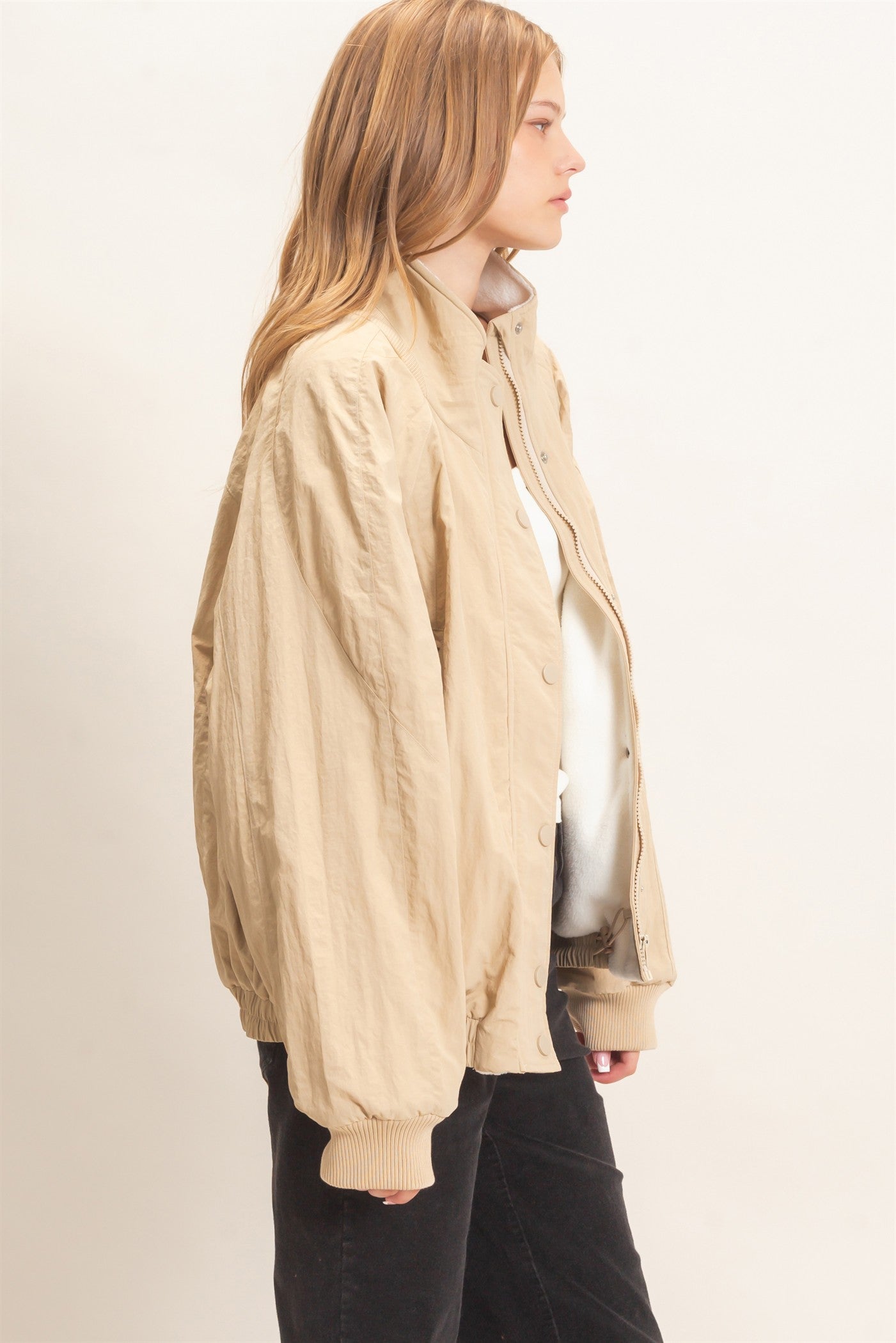 Wholesale Fleece-Lined Mock Neck Snap Jacket Coats & Jackets HF26C918 BEIGE HYFVE