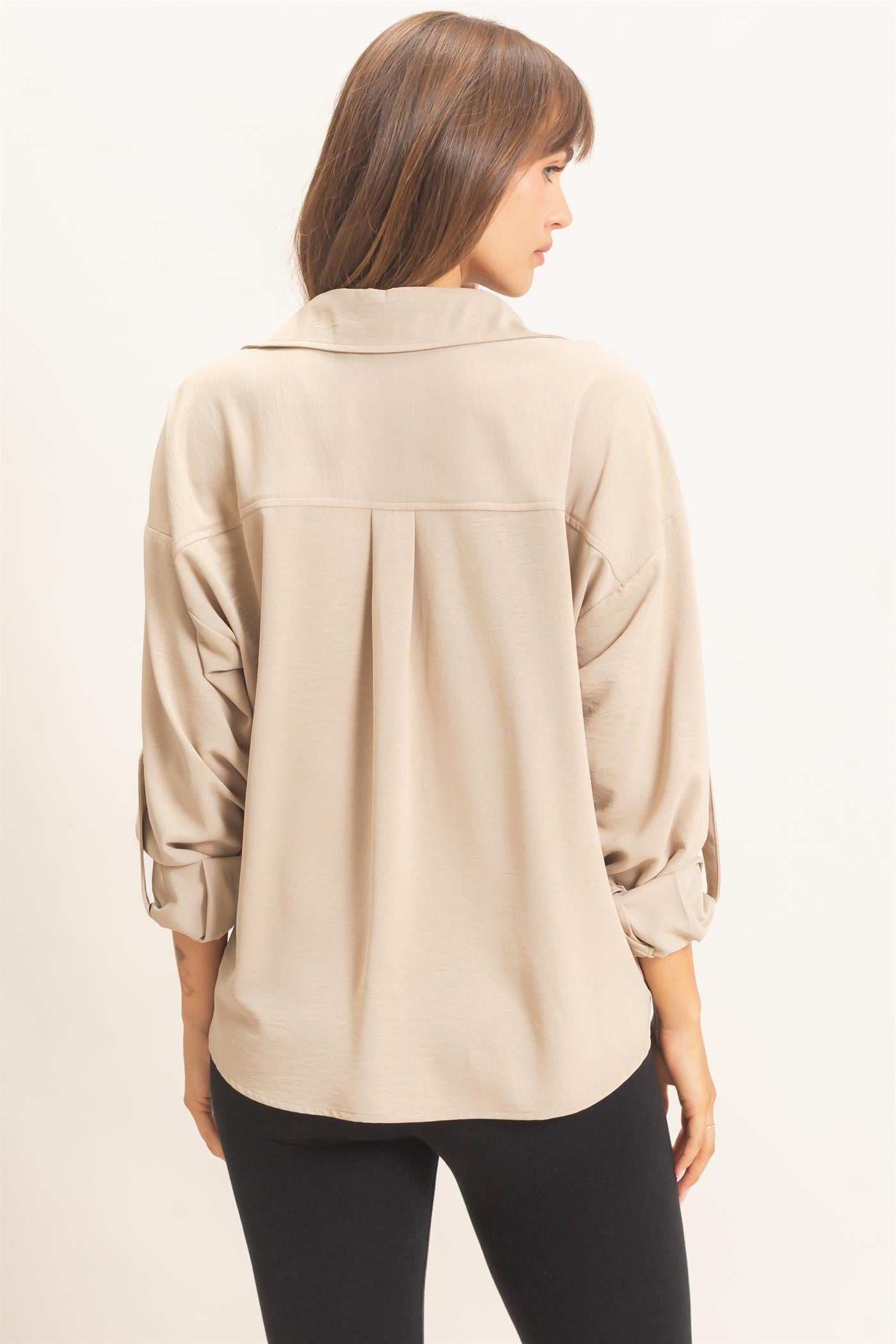 Wholesale Button-Up Dolman Sleeve Top Shirts HF26F070 BEIGE HYFVE