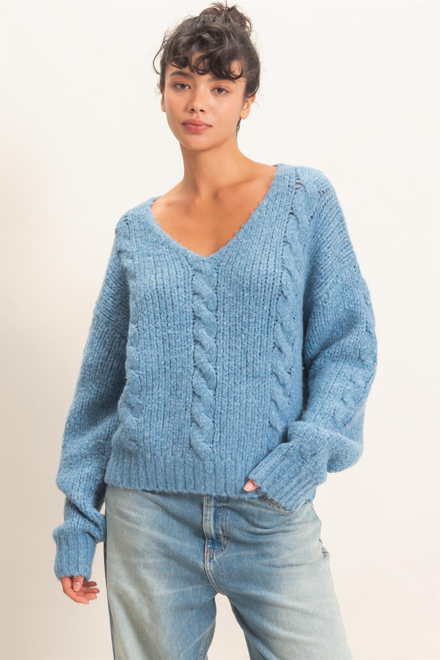 Wholesale Cable Knit V-Neck Sweater Sweaters DZ26E107 DUSTY BLUE DOUBLE ZERO