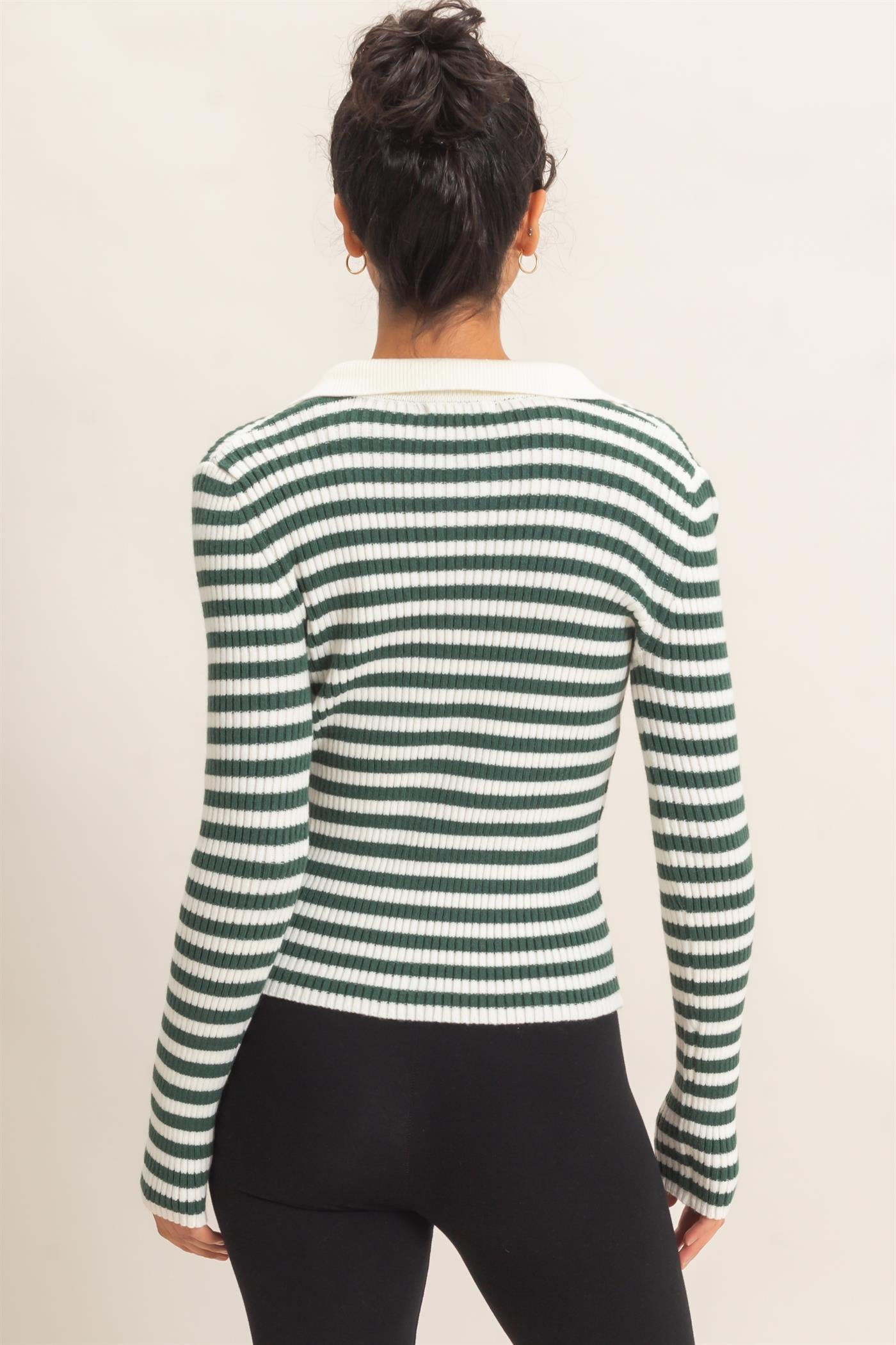 Wholesale Ribbed Striped Polo Knit Top Clothing Tops DZ26E099 DARK GREEN DOUBLE ZERO