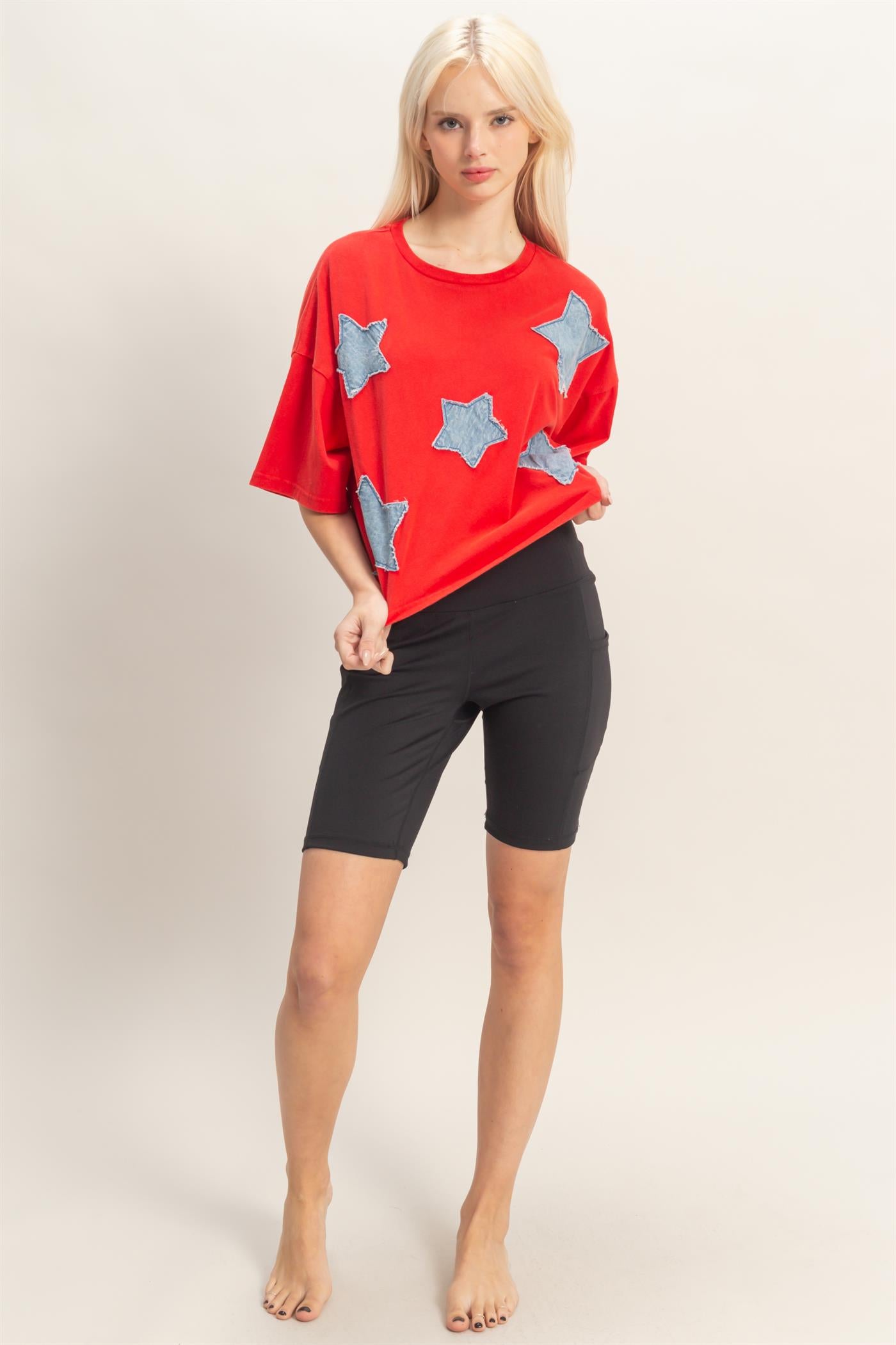 Wholesale Raw Edge Star Patch Top Clothing Tops DZ26C616 RED DOUBLE ZERO
