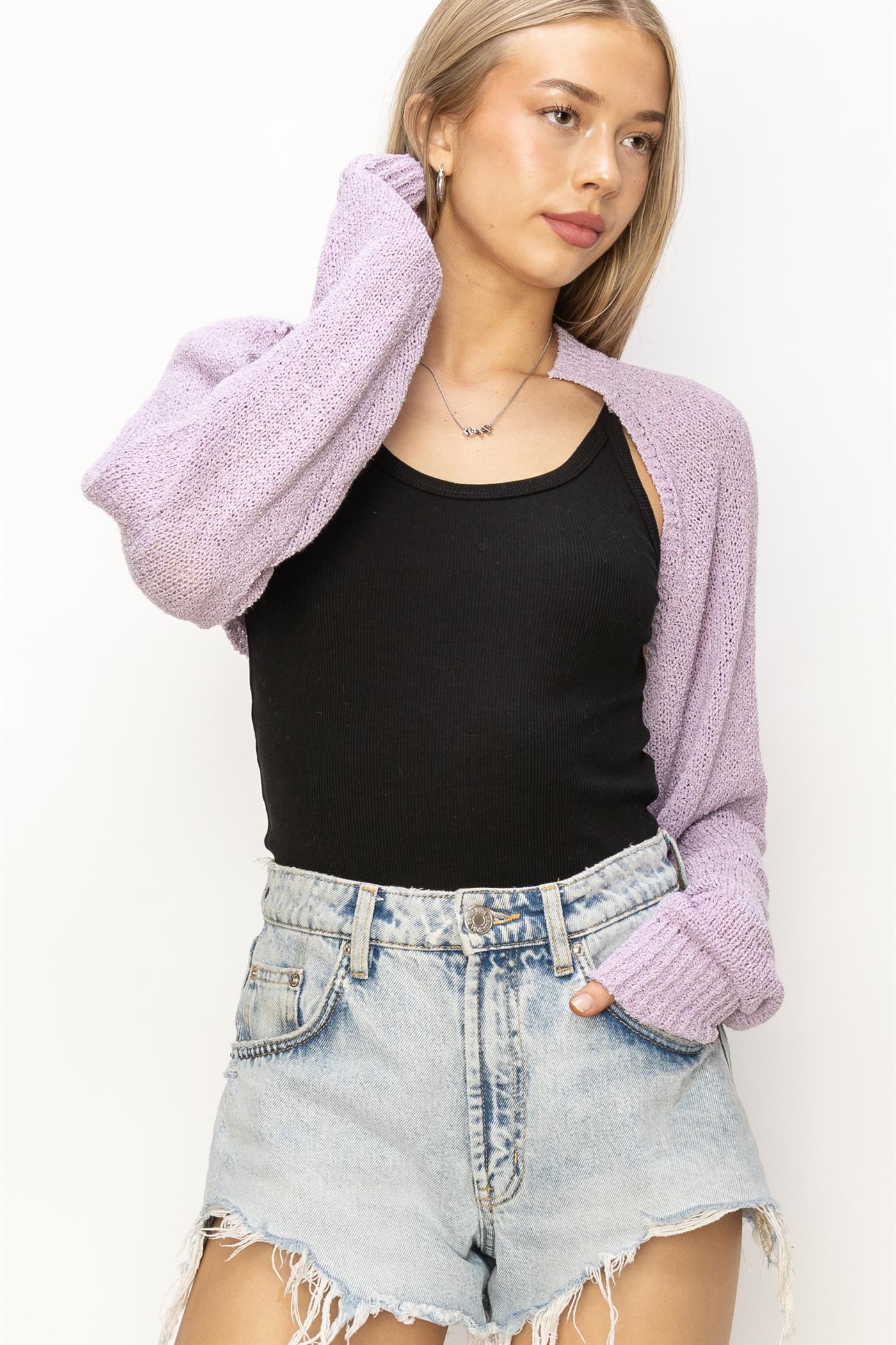 Wholesale Essential Long Sleeve Knit Bolero Clothing Tops DZ24C131 LAVENDER DOUBLE ZERO