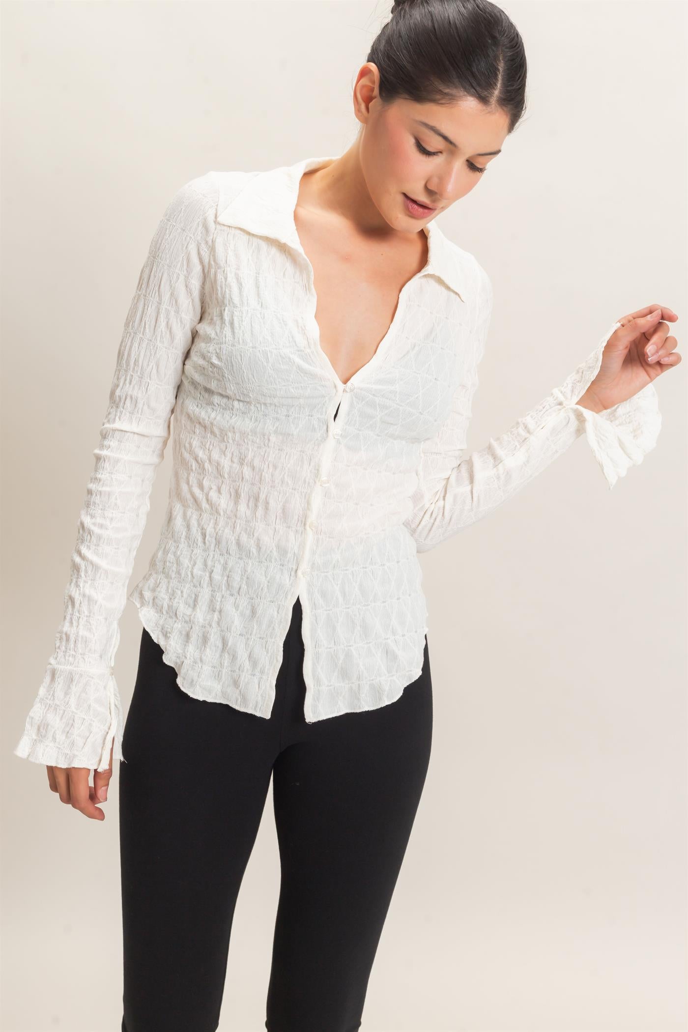 Wholesale Textured Button-Up Collared Top Shirts HF26E062 IVORY HYFVE