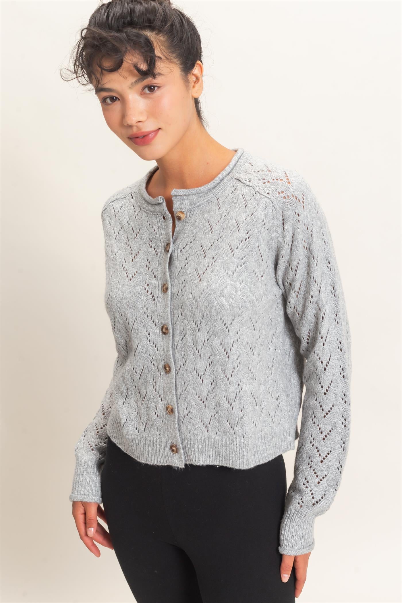 Wholesale Pointelle Knit Button Front Cardigan Cardigans DZ26C978 HEATHER GRAY DOUBLE ZERO