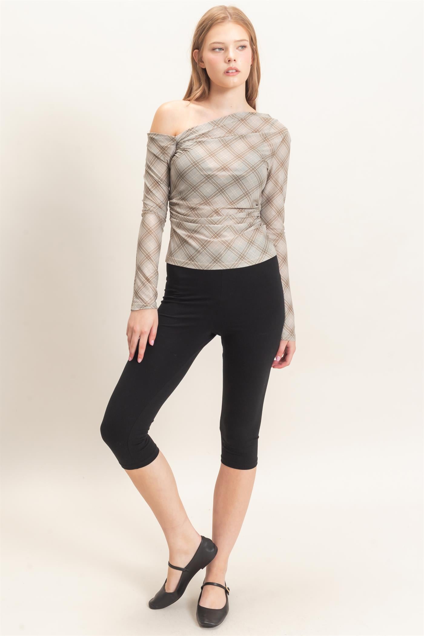 Wholesale Asymmetrical Plaid Off Shoulder Top Dresses HF26E710 SAGE HYFVE