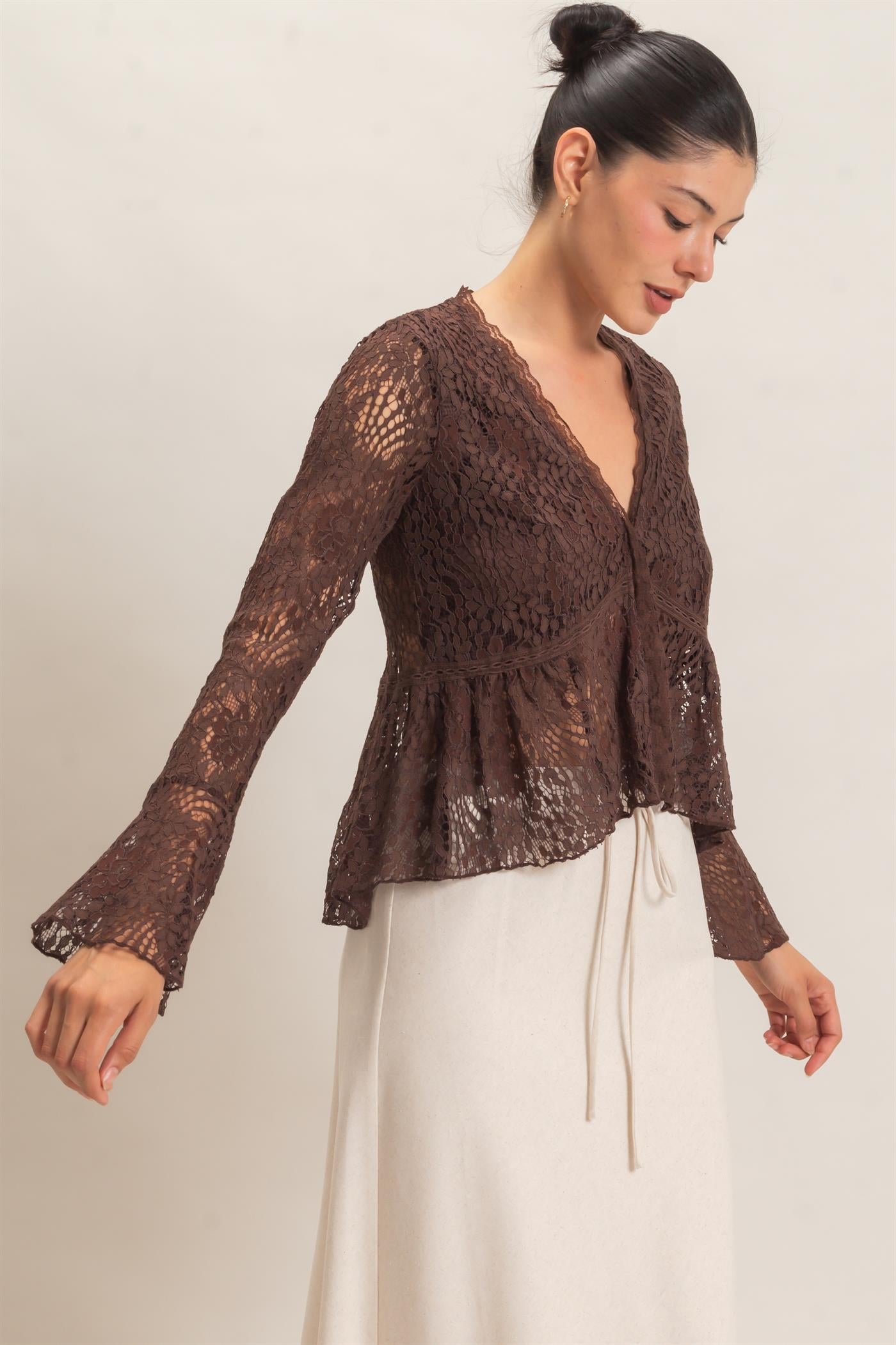 Wholesale Lace V-Neck Peplum Top Clothing Tops HF26E560 BROWN HYFVE