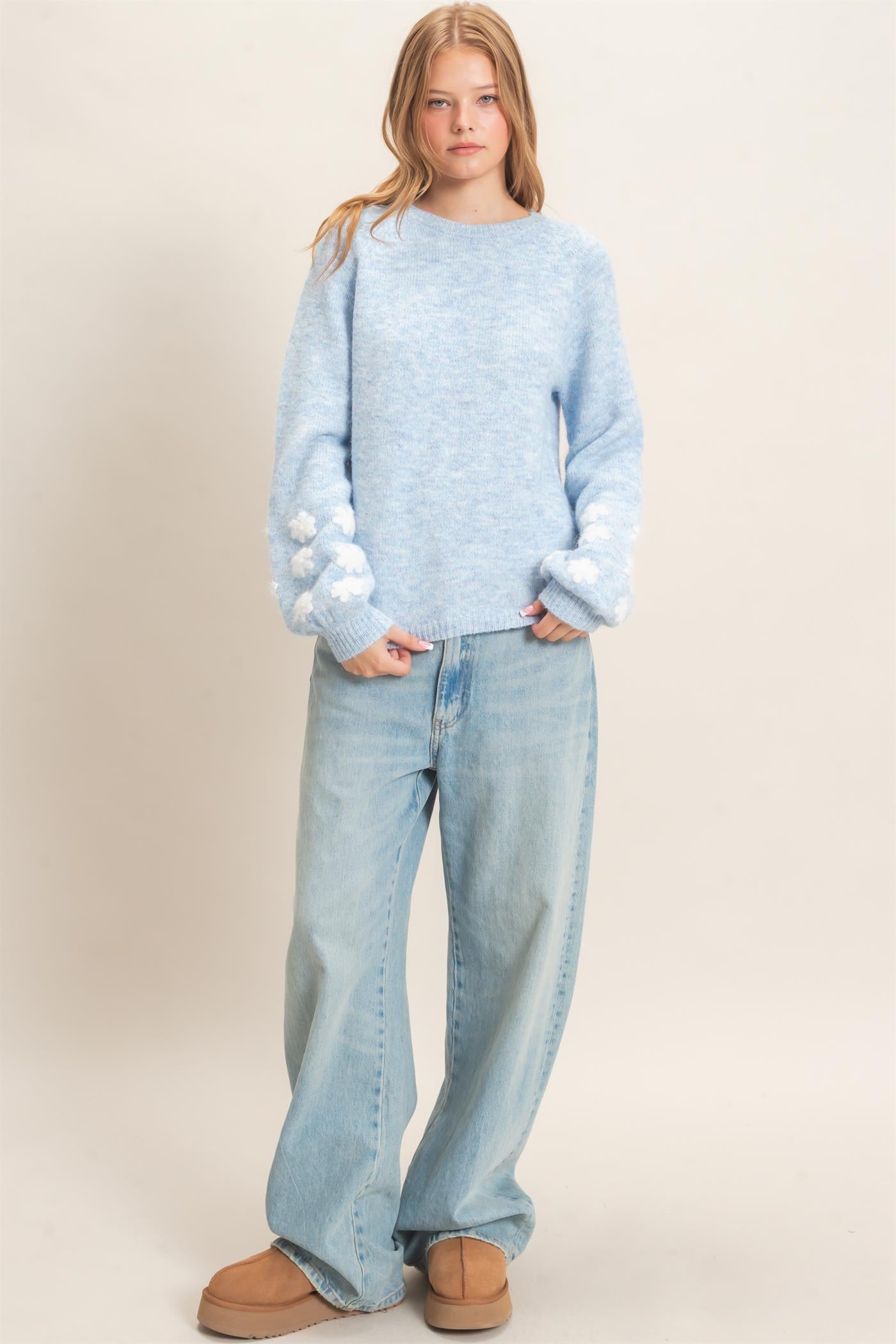 Wholesale Floral Applique Raglan Sleeve Sweater Sweaters HF26E808 MISTY BLUE HYFVE