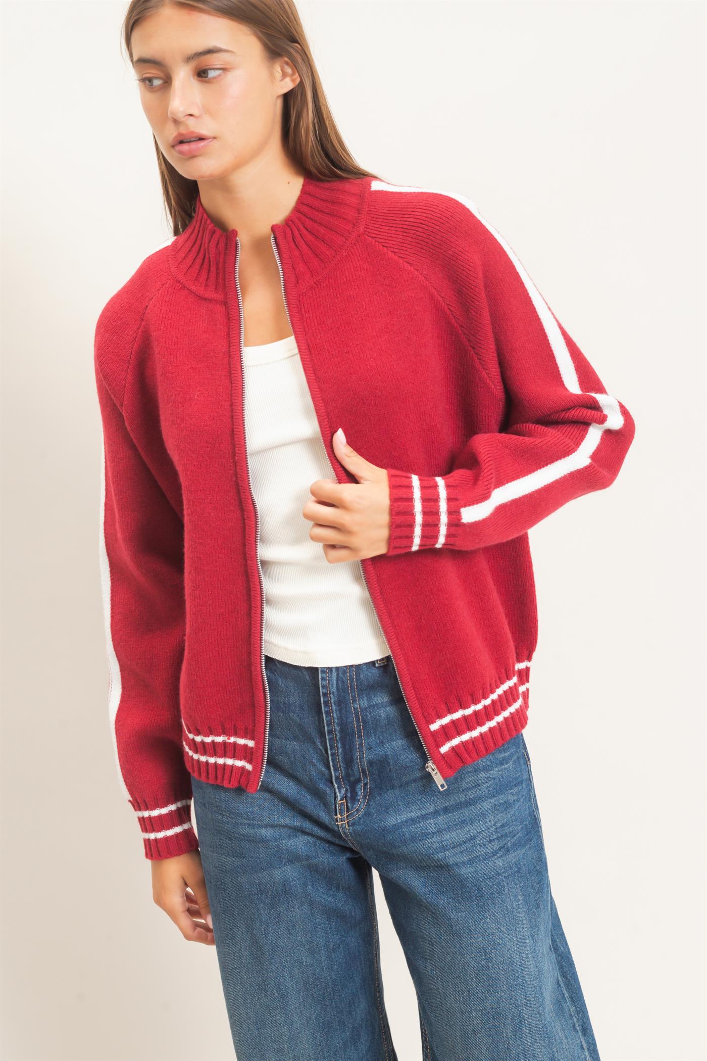 Wholesale Contrast Stripe Zip-Up Sweater Sweaters DZ26E861 DARK RED DOUBLE ZERO