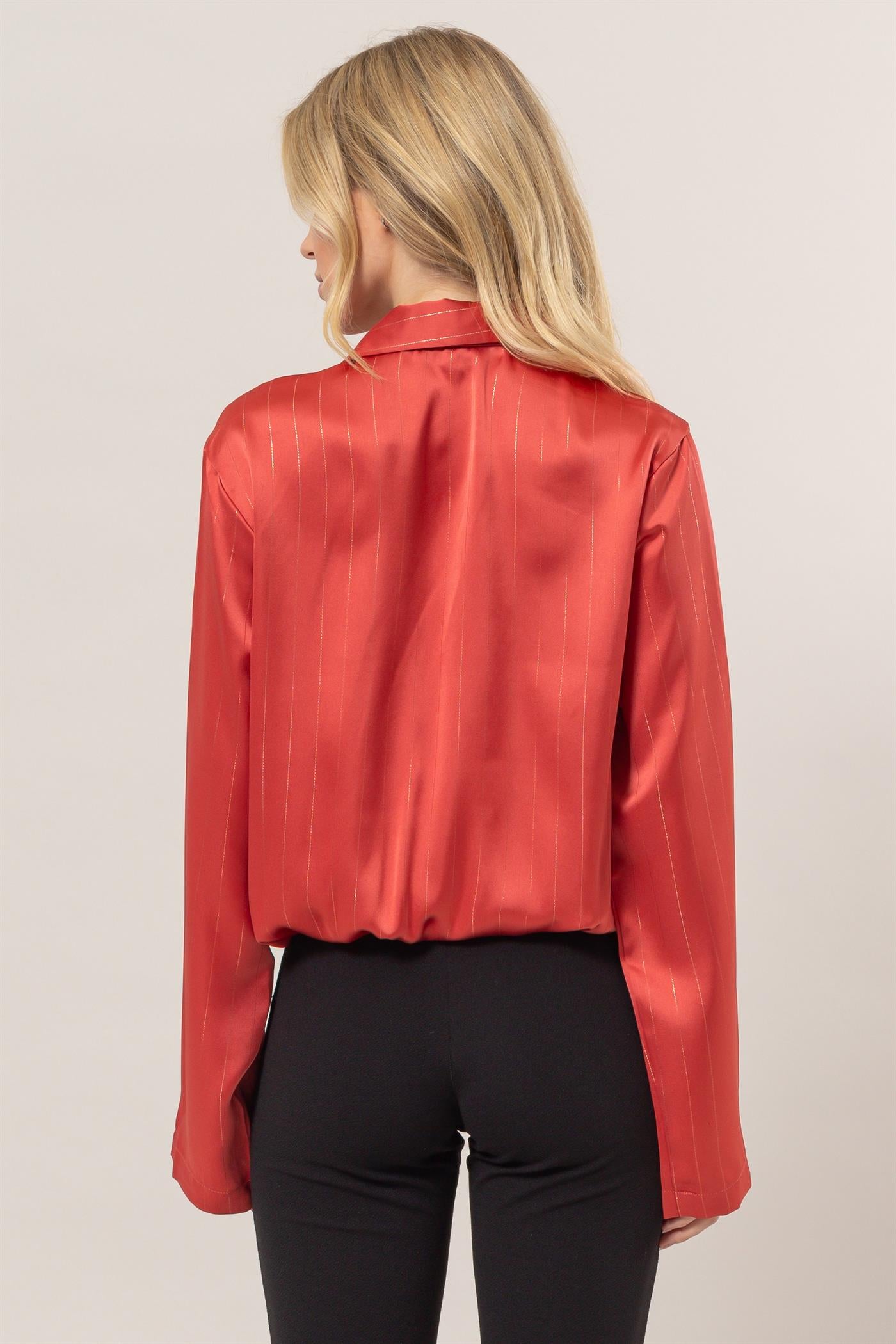 Wholesale Sophisticated Lurex Striped Wrap Blouse Clothing Tops HF25C383 RED HYFVE