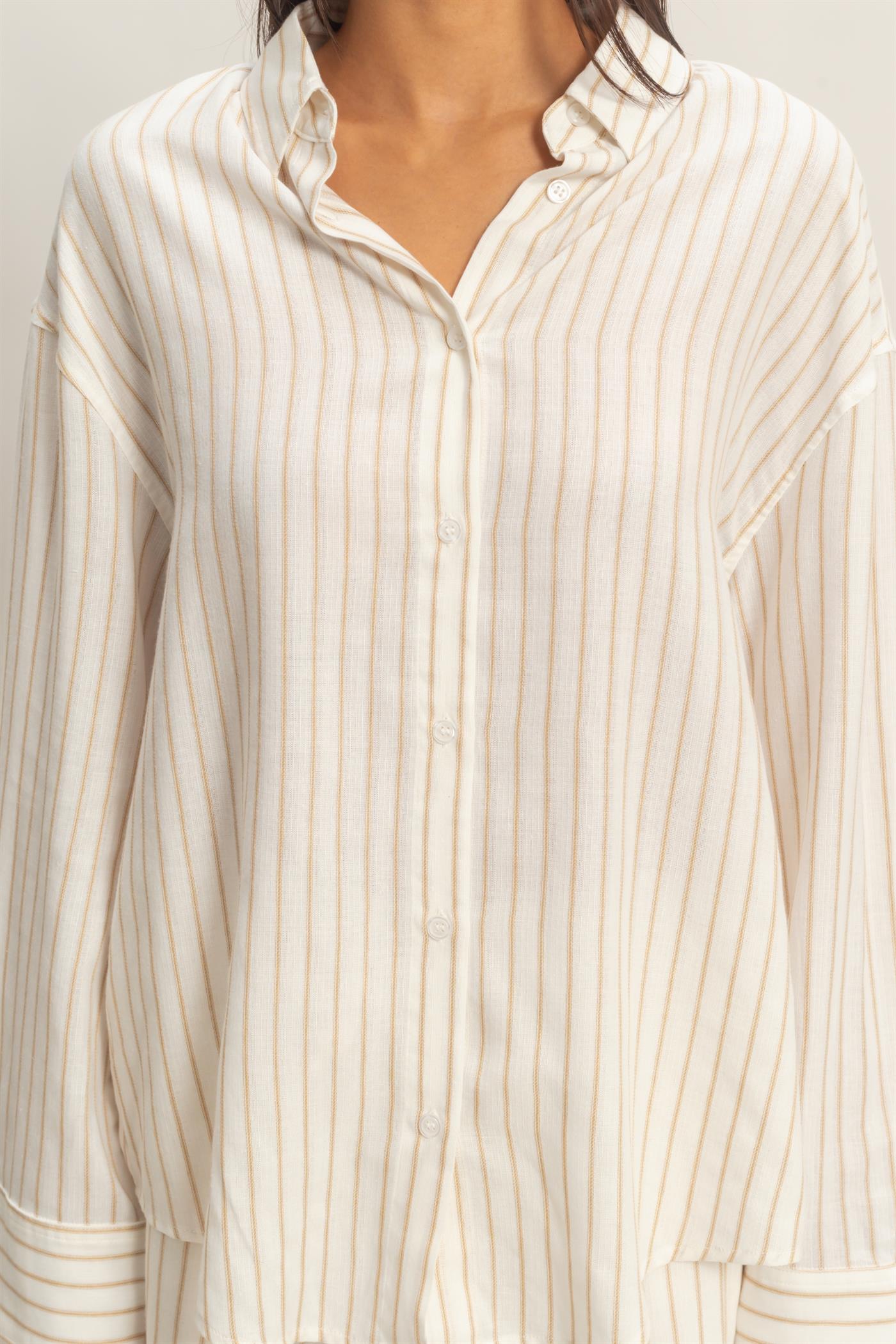 Wholesale Striped Button-Up Shirt Shirts DZ26C413 TAUPE DOUBLE ZERO
